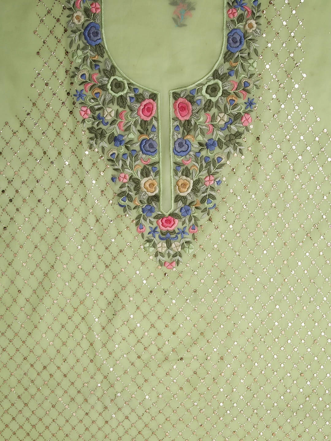Ada Hand Embroidered Pista Green Viscose Georgette Lucknowi Chikankari Unstitched Kurta Dupatta Set With Parsi Work 01A378725