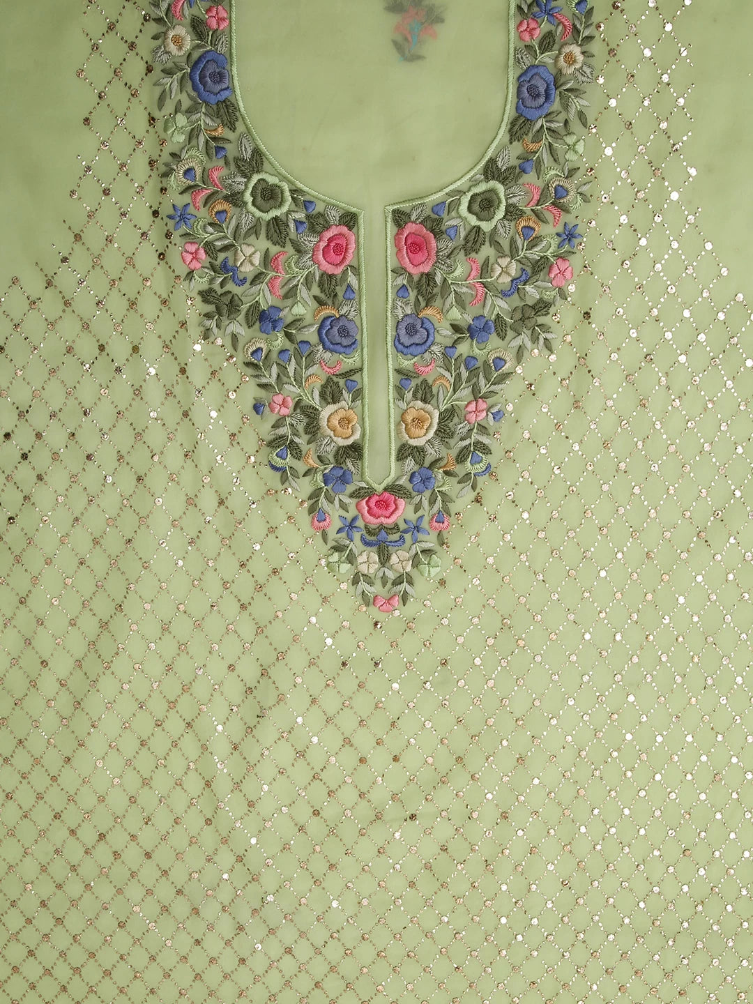 Ada Hand Embroidered Pista Green Viscose Georgette Lucknowi Chikankari Unstitched Kurta Dupatta Set With Parsi Work 01A378725
