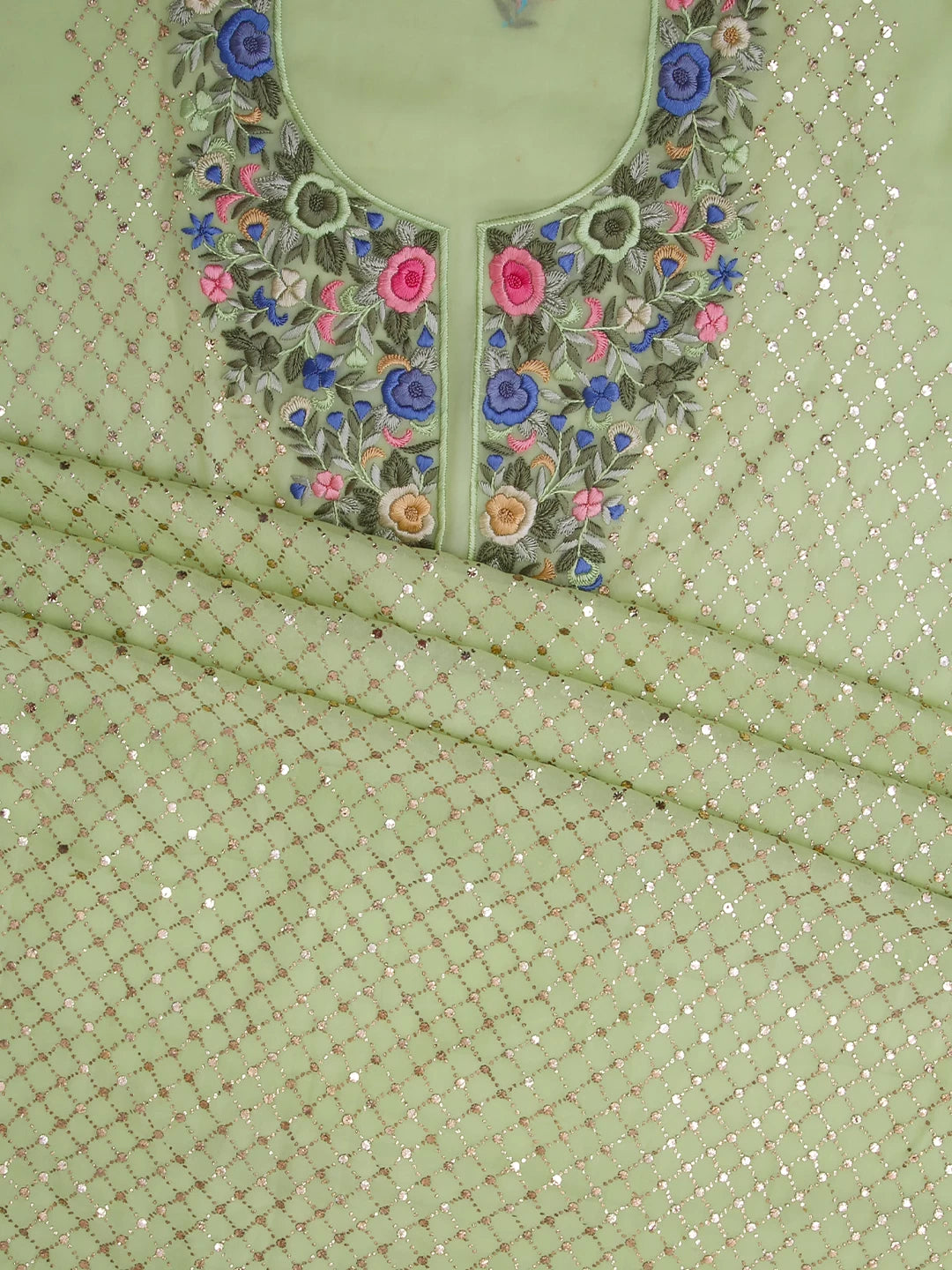 Ada Hand Embroidered Pista Green Viscose Georgette Lucknowi Chikankari Unstitched Kurta Dupatta Set With Parsi Work 01A378725
