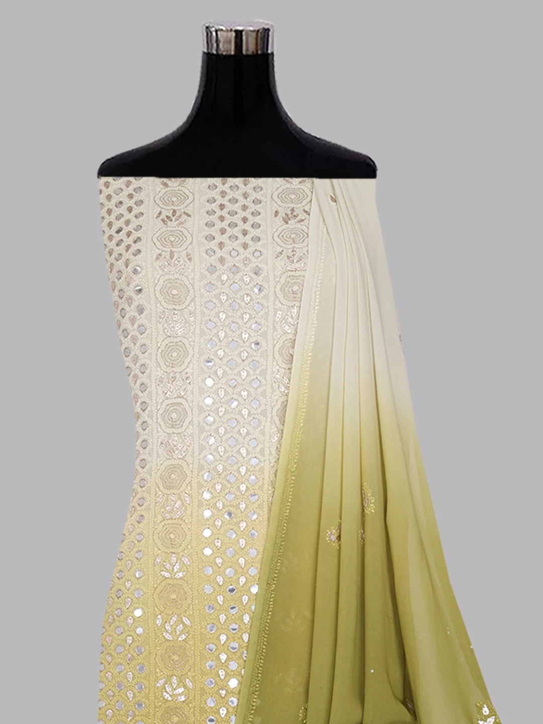 Ada Hand Embroidered Moss Green Ombre Shade Viscose Georgette Lucknowi Chikankari Unstitched Kurta Dupatta Set With Gota Patti Work 01A282245