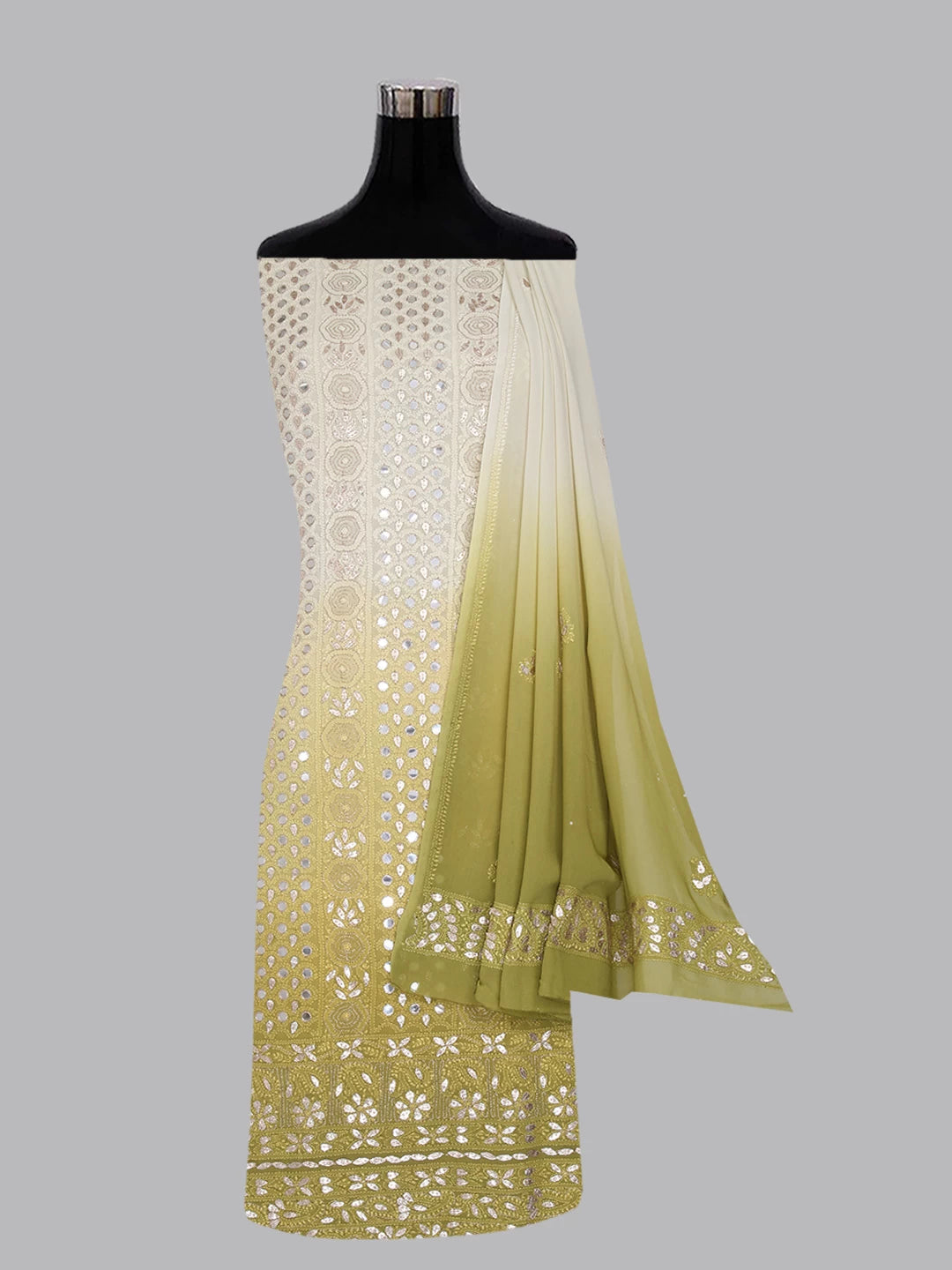 Ada Hand Embroidered Moss Green Ombre Shade Viscose Georgette Lucknowi Chikankari Unstitched Kurta Dupatta Set With Gota Patti Work 01A282245
