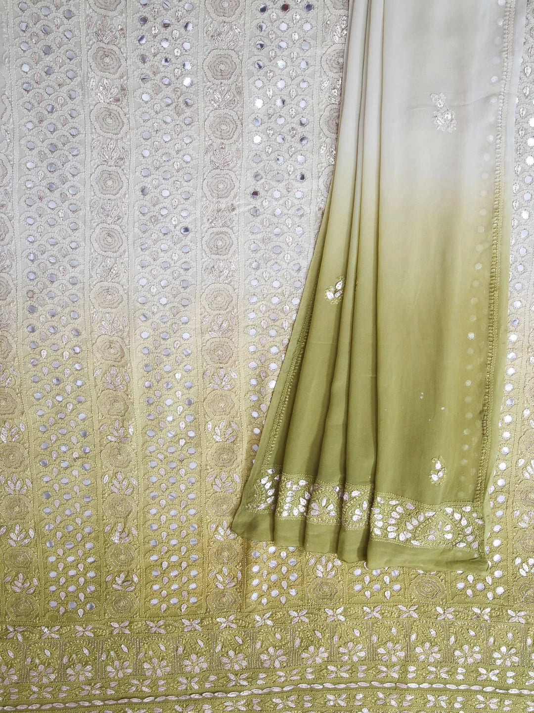 Ada Hand Embroidered Moss Green Ombre Shade Viscose Georgette Lucknowi Chikankari Unstitched Kurta Dupatta Set With Gota Patti Work 01A282245