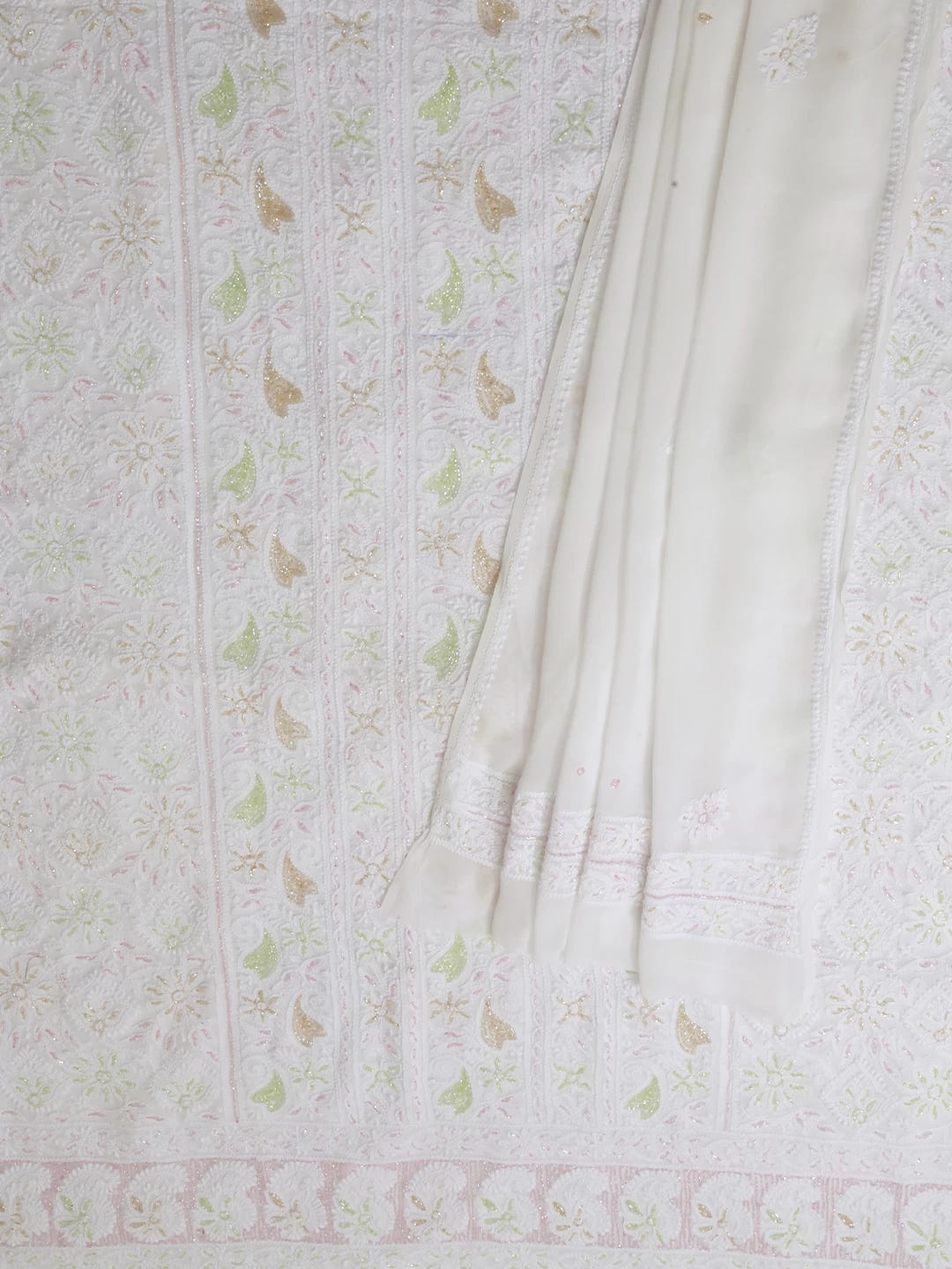 Ada Hand Embroidered White Viscose Georgette Lucknowi Chikankari Unstitched Kurta Dupatta Set With Cutdana Work 01A397266