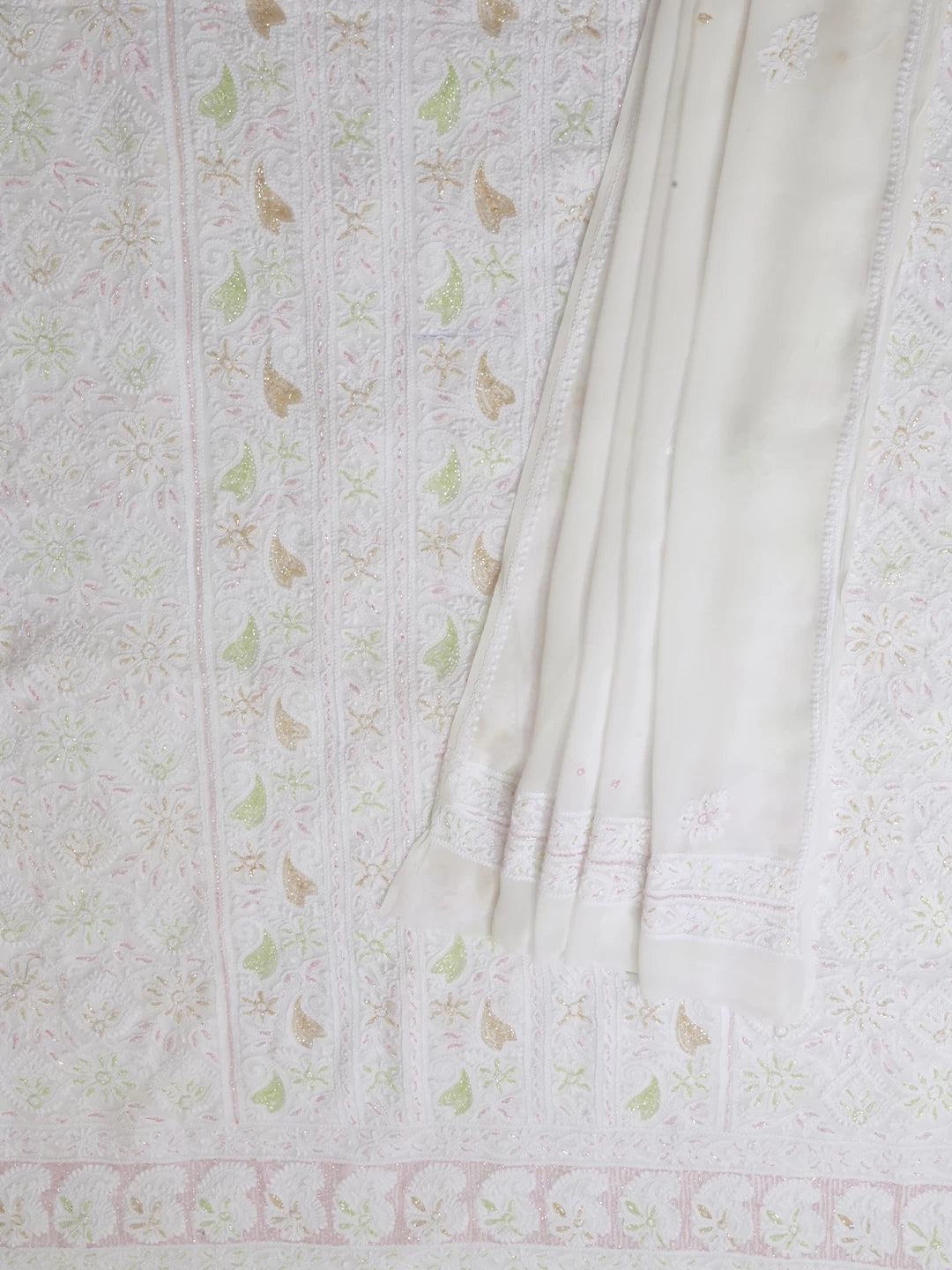 Ada Hand Embroidered White Viscose Georgette Lucknowi Chikankari Unstitched Kurta Dupatta Set With Cutdana Work 01A397266