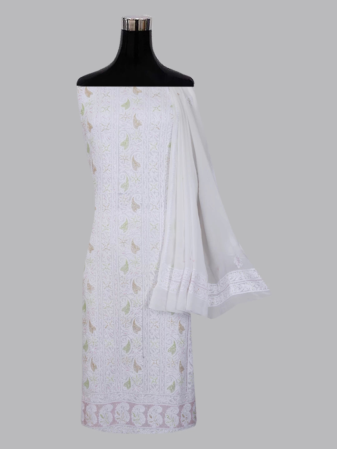Ada Hand Embroidered White Viscose Georgette Lucknowi Chikankari Unstitched Kurta Dupatta Set With Cutdana Work 01A397266