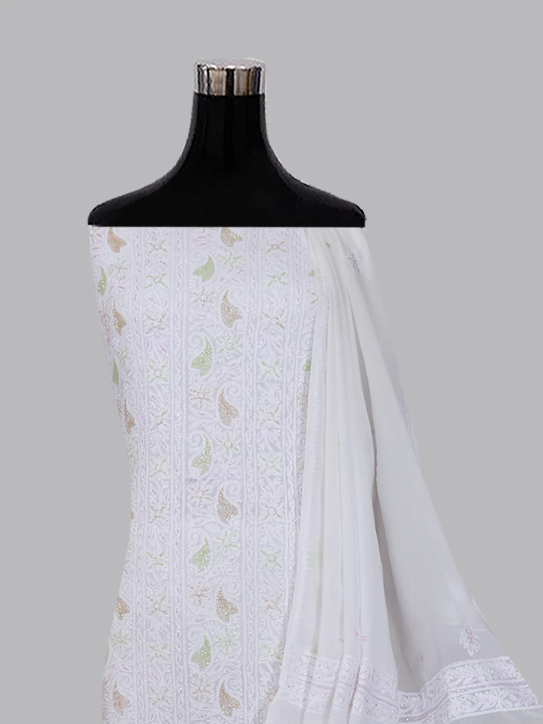 Ada Hand Embroidered White Viscose Georgette Lucknowi Chikankari Unstitched Kurta Dupatta Set With Cutdana Work 01A397266