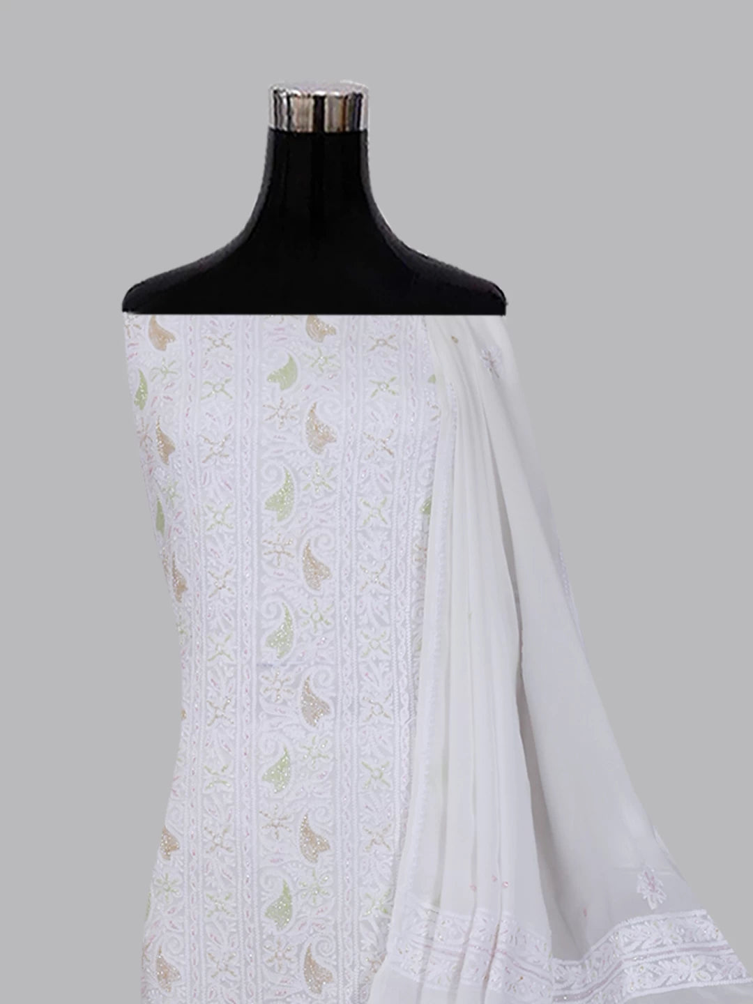 Ada Hand Embroidered White Viscose Georgette Lucknowi Chikankari Unstitched Kurta Dupatta Set With Cutdana Work 01A397266