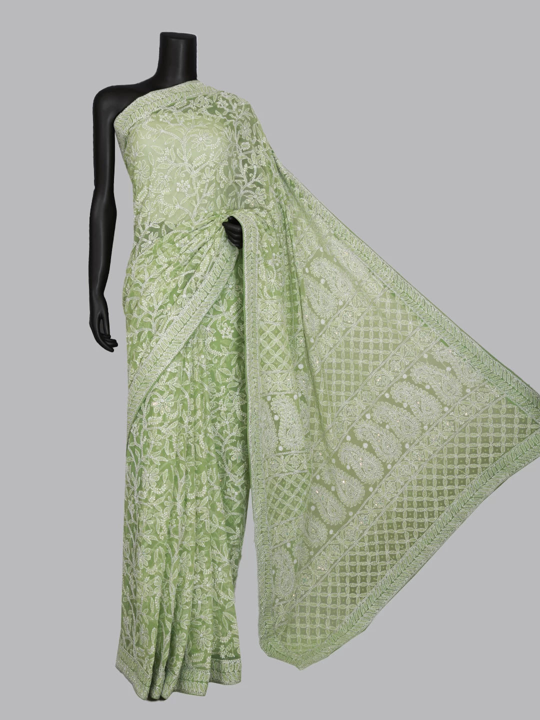 Ada Hand Embroidered Apple Green Georgette Lucknowi Chikankari Saree/Blouse With Pearl Work 01A304733