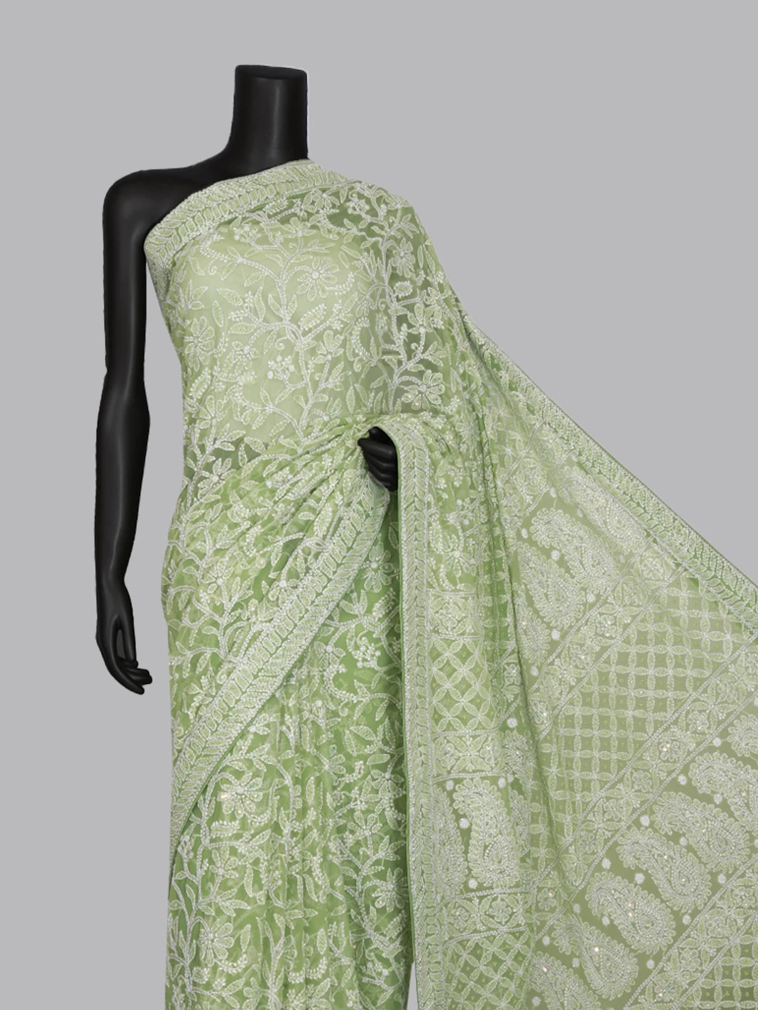 Ada Hand Embroidered Apple Green Georgette Lucknowi Chikankari Saree/Blouse With Pearl Work 01A304733
