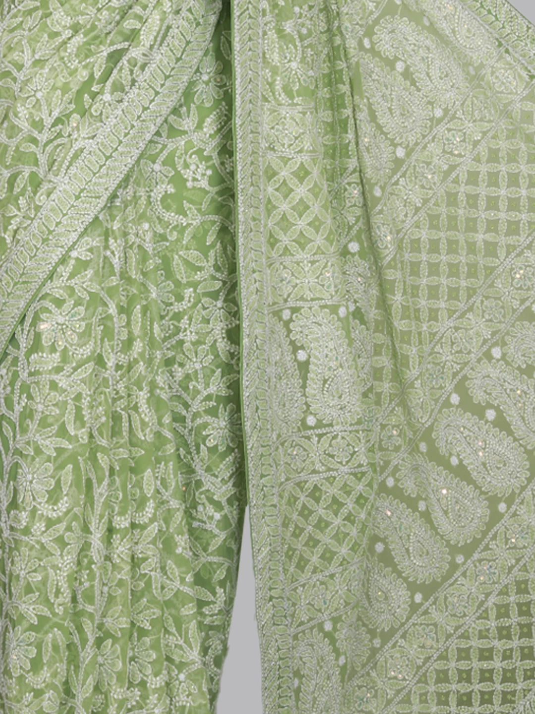 Ada Hand Embroidered Apple Green Georgette Lucknowi Chikankari Saree/Blouse With Pearl Work 01A304733
