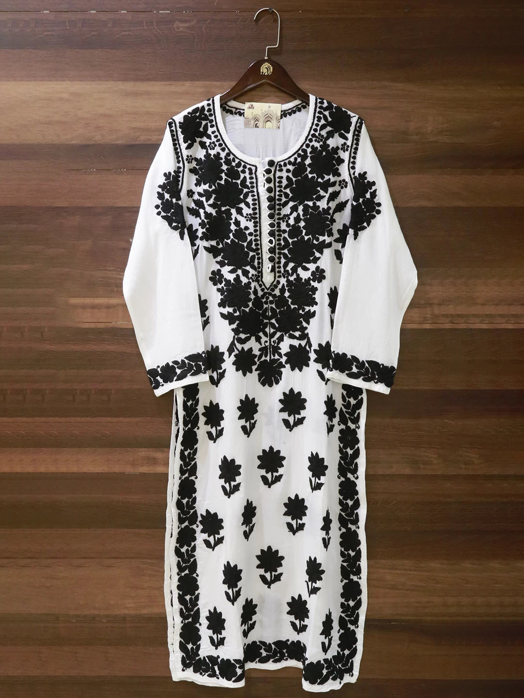 Ada Hand Embroidered White & Black Rayon Lucknowi Chikankari Straight Kurta A411495