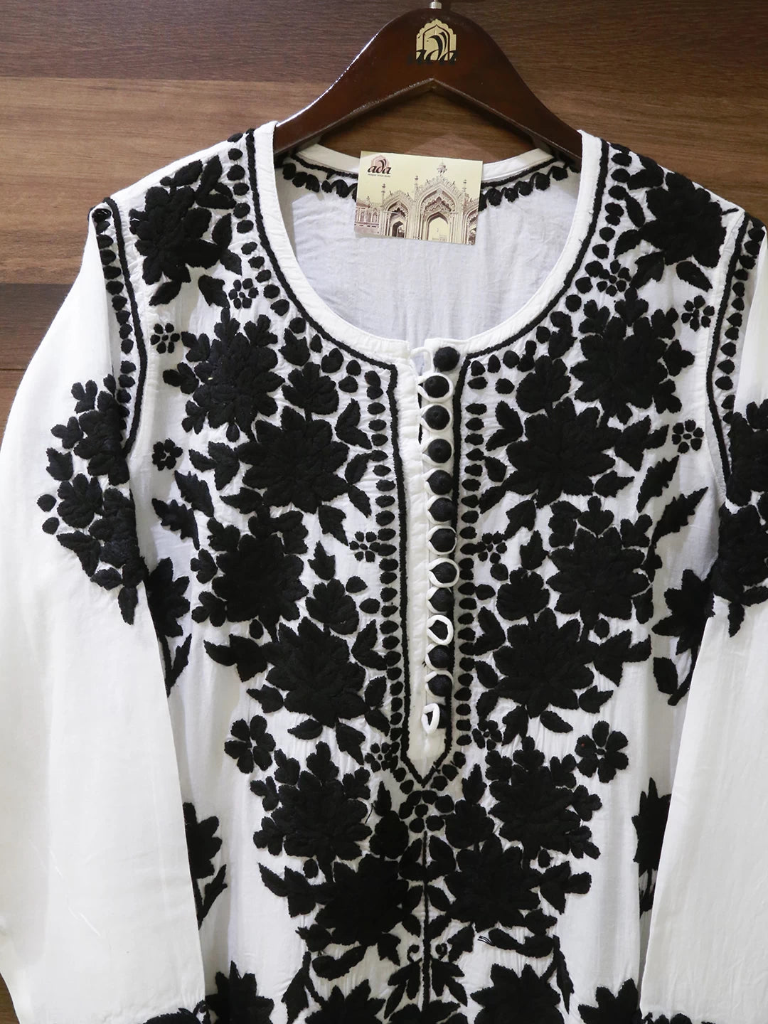 Ada Hand Embroidered White & Black Rayon Lucknowi Chikankari Straight Kurta A411495