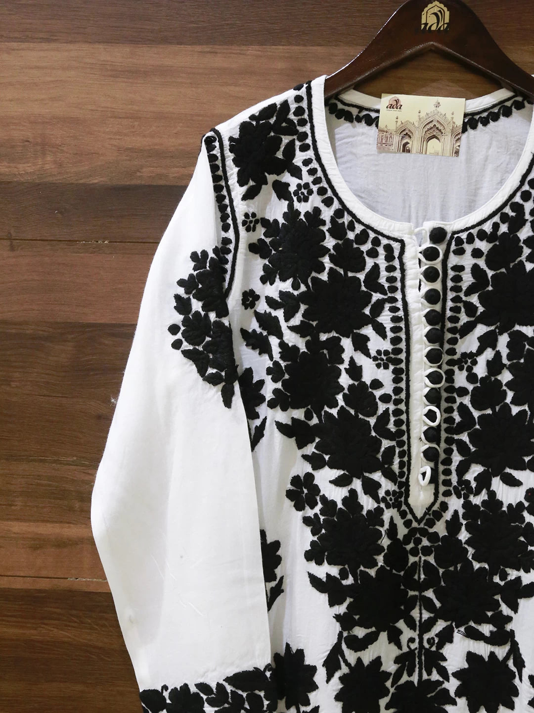 Ada Hand Embroidered White & Black Rayon Lucknowi Chikankari Straight Kurta A411495