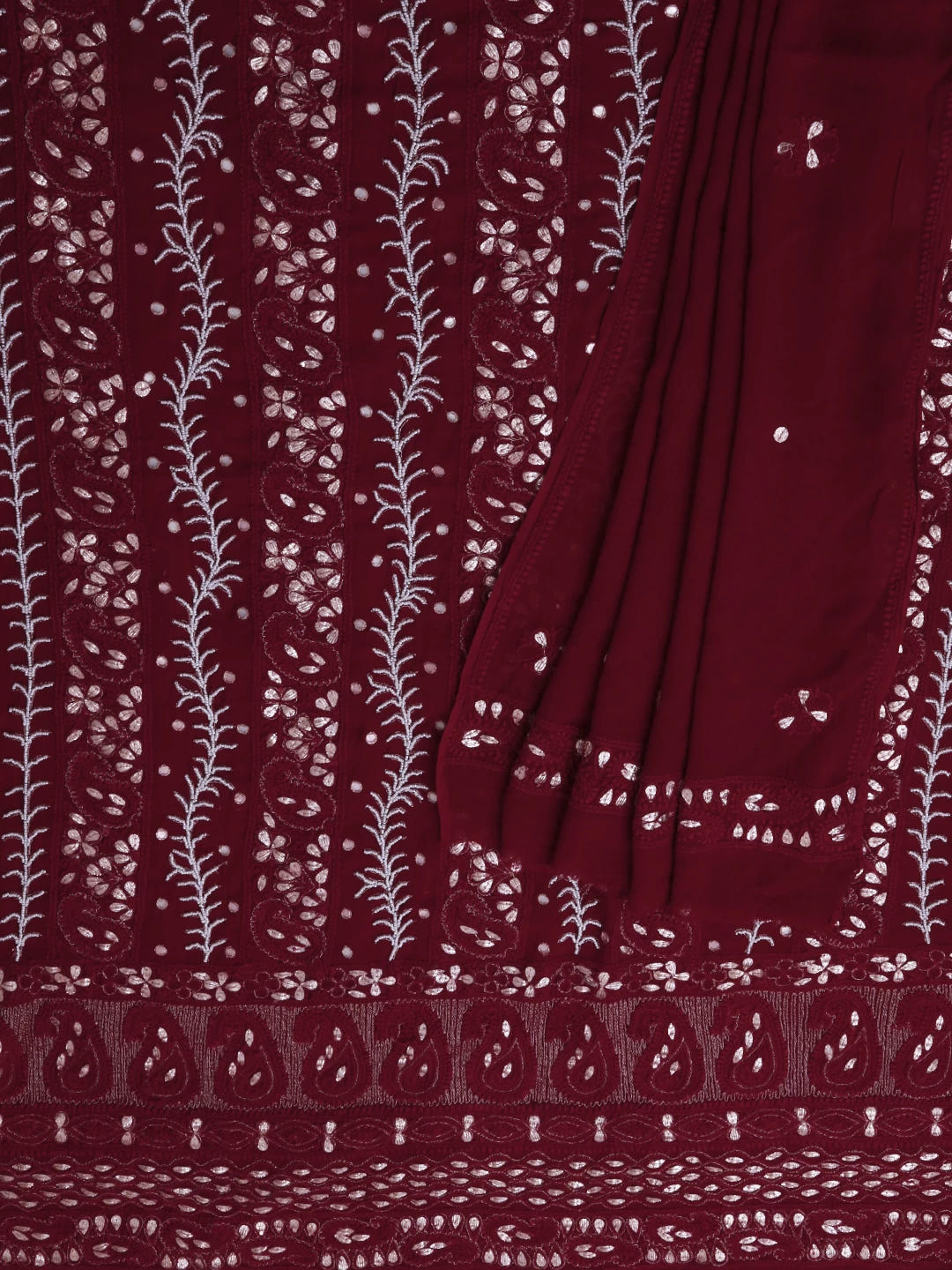 Ada Hand Embroidered Sangria Red Viscose Georgette Lucknowi Chikankari Unstitched Kurta Dupatta Set with Pearl Work 01A381023