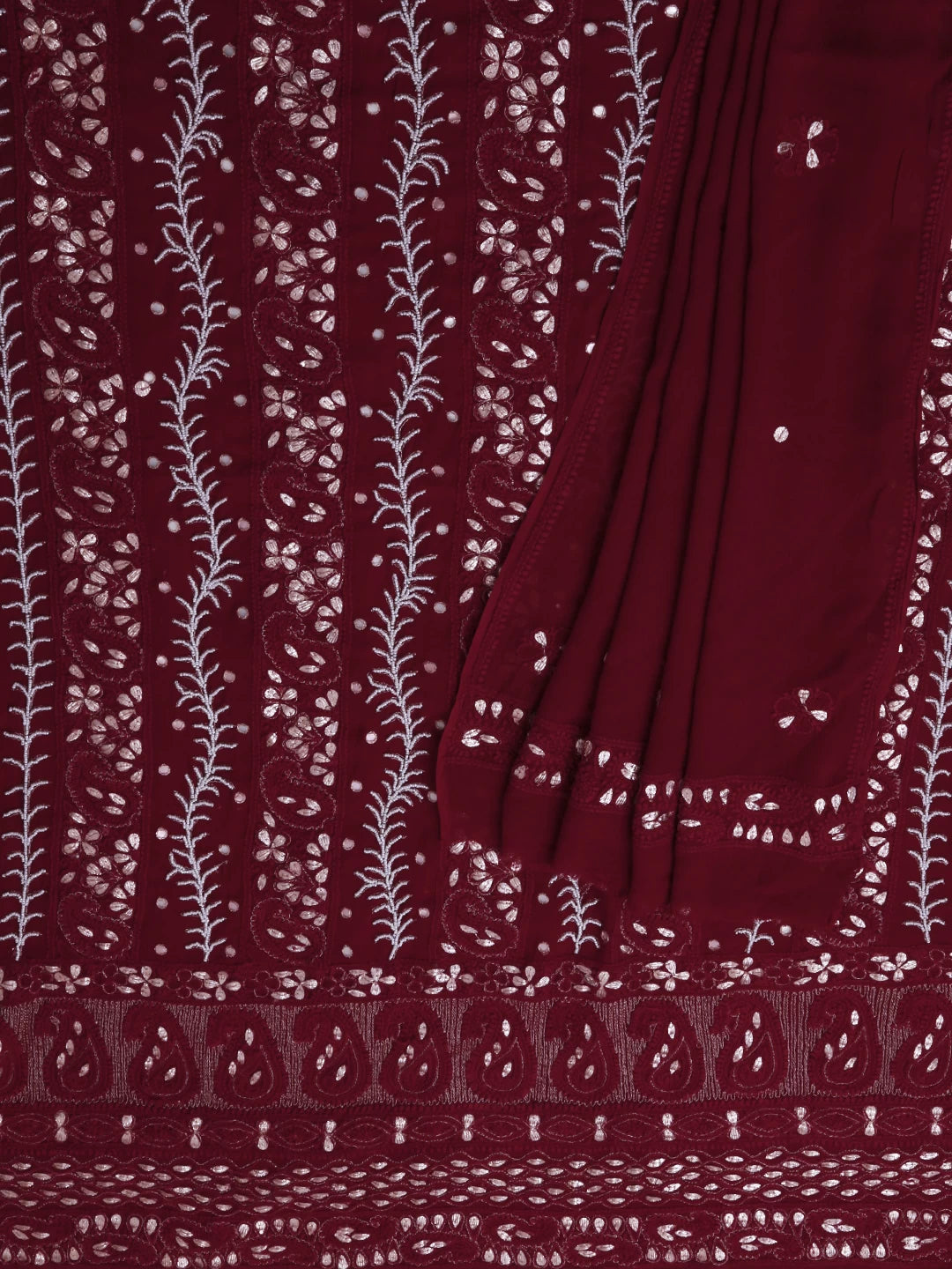 Ada Hand Embroidered Sangria Red Viscose Georgette Lucknowi Chikankari Unstitched Kurta Dupatta Set with Pearl Work 01A381023