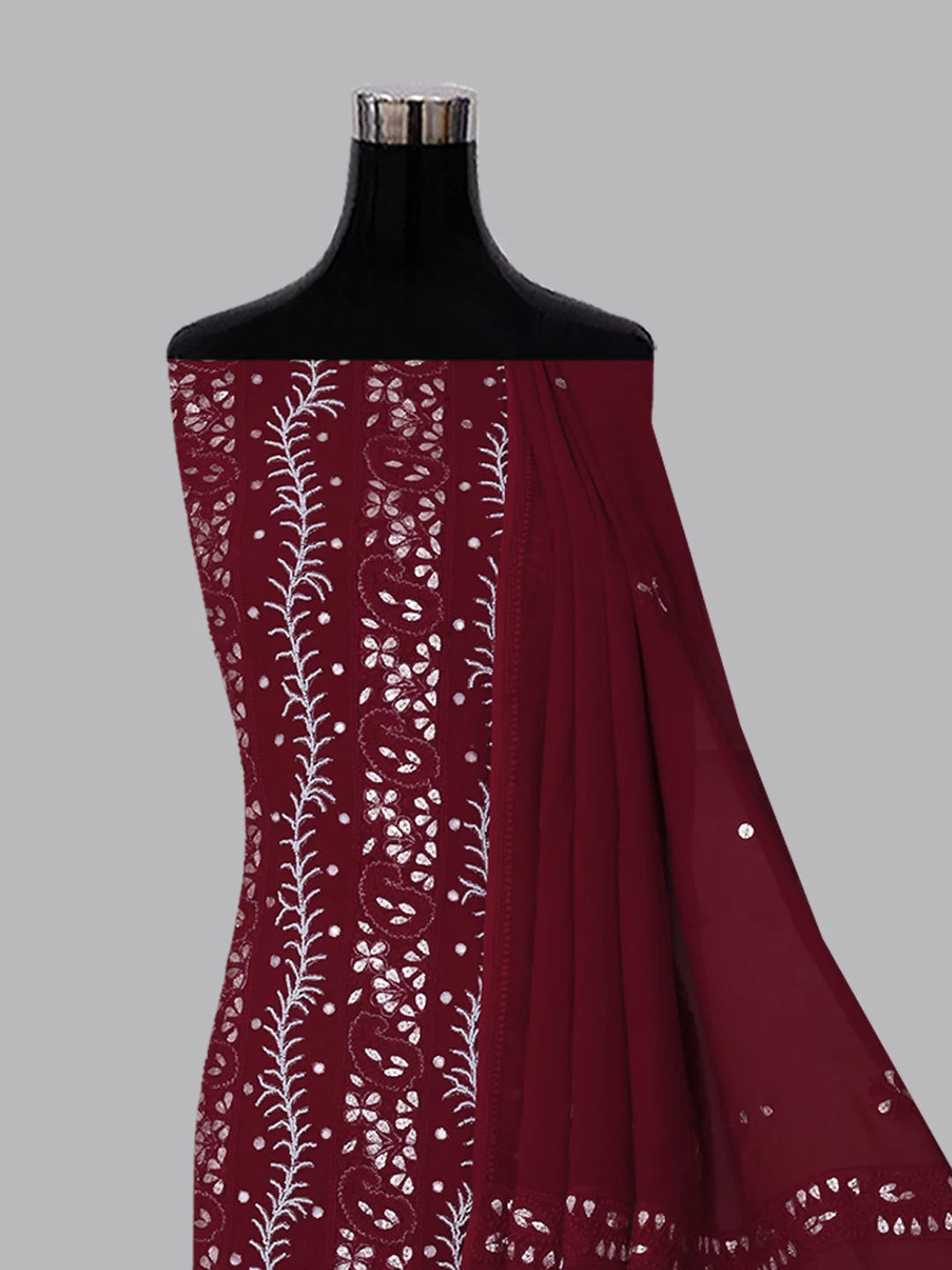 Ada Hand Embroidered Sangria Red Viscose Georgette Lucknowi Chikankari Unstitched Kurta Dupatta Set with Pearl Work 01A381023