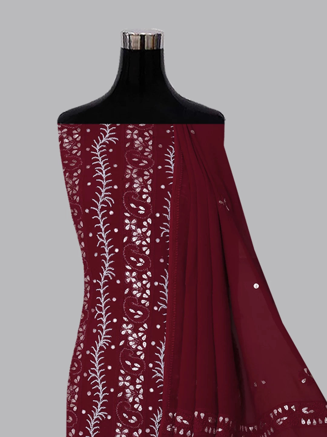 Ada Hand Embroidered Sangria Red Viscose Georgette Lucknowi Chikankari Unstitched Kurta Dupatta Set with Pearl Work 01A381023