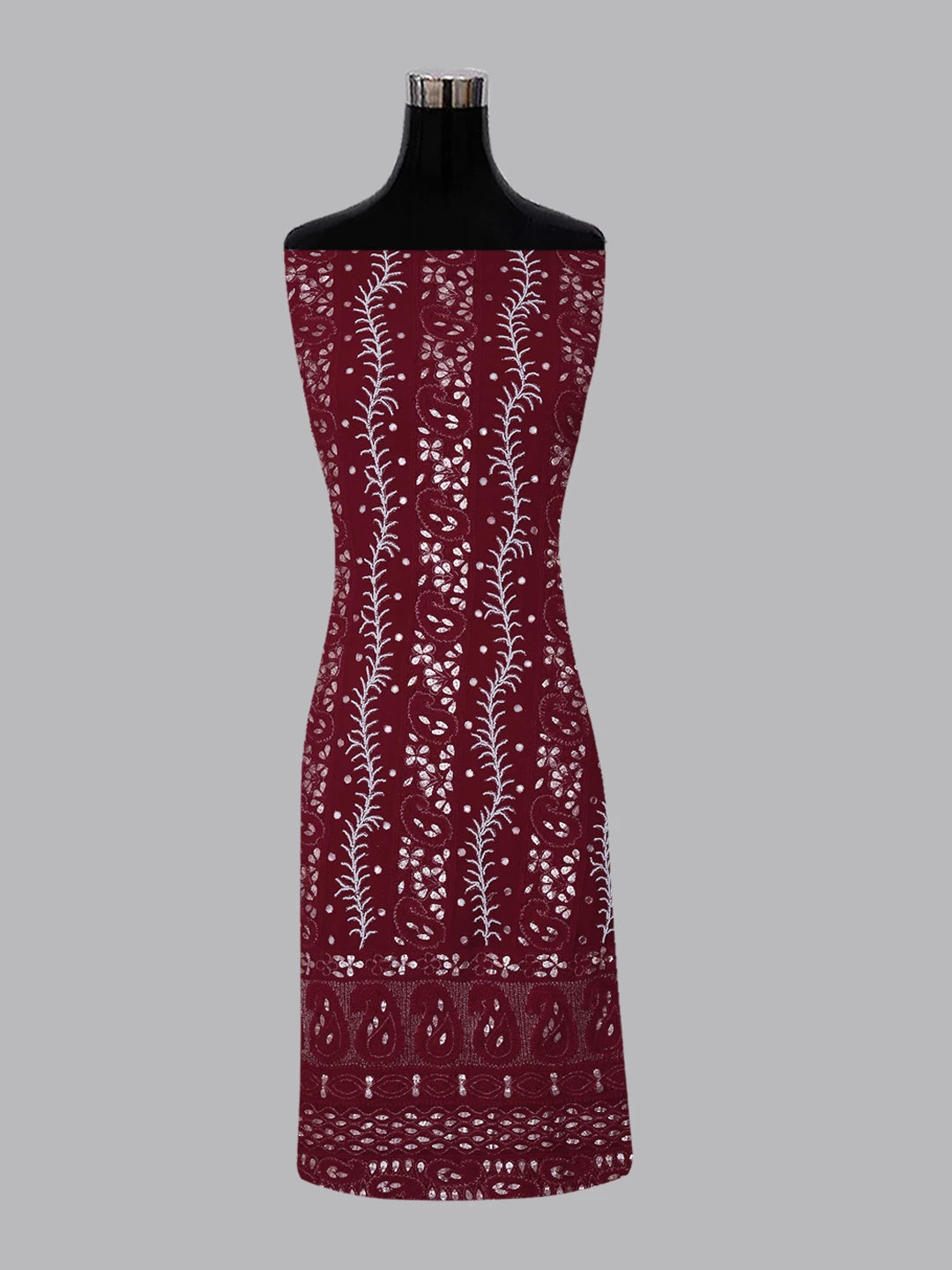 Ada Hand Embroidered Sangria Red Viscose Georgette Lucknowi Chikankari Unstitched Kurta Dupatta Set with Pearl Work 01A381023