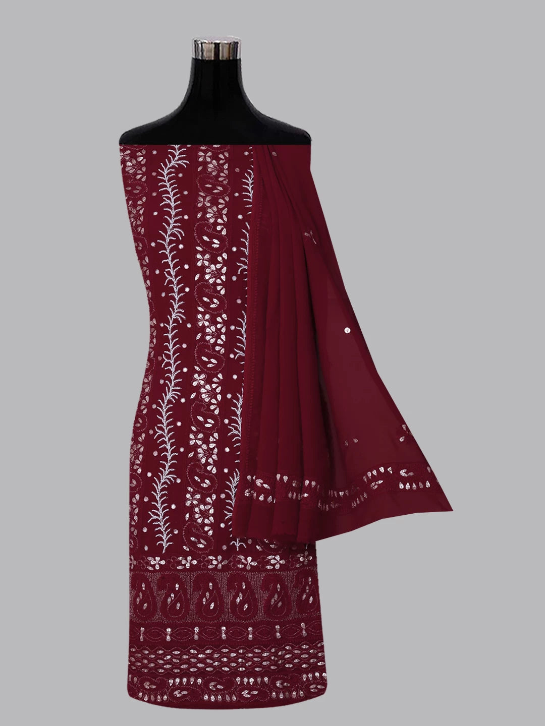 Ada Hand Embroidered Sangria Red Viscose Georgette Lucknowi Chikankari Unstitched Kurta Dupatta Set with Pearl Work 01A381023