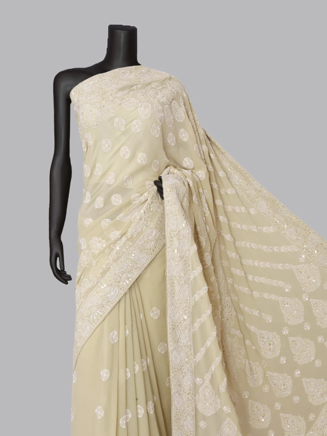 Ada Hand Embroidered Fernwood Green Pure Georgette Lucknowi Chikankari Saree/Blouse With Sequins Work 01A392974