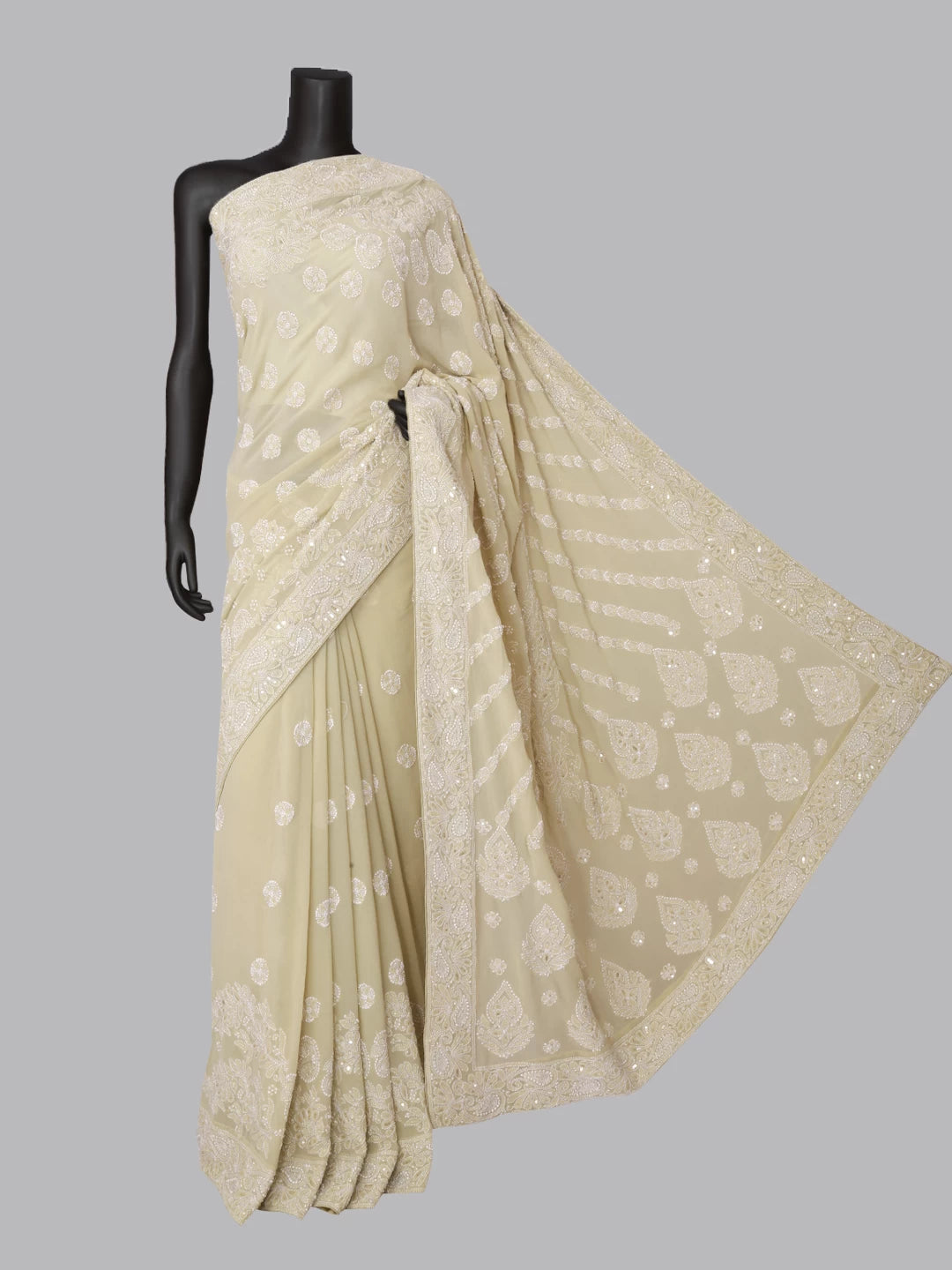 Ada Hand Embroidered Fernwood Green Pure Georgette Lucknowi Chikankari Saree/Blouse With Sequins Work 01A392974