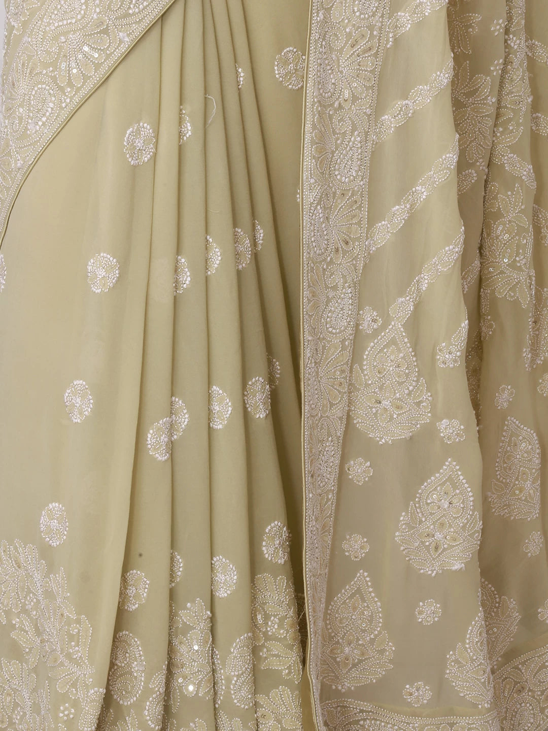 Ada Hand Embroidered Fernwood Green Pure Georgette Lucknowi Chikankari Saree/Blouse With Sequins Work 01A392974