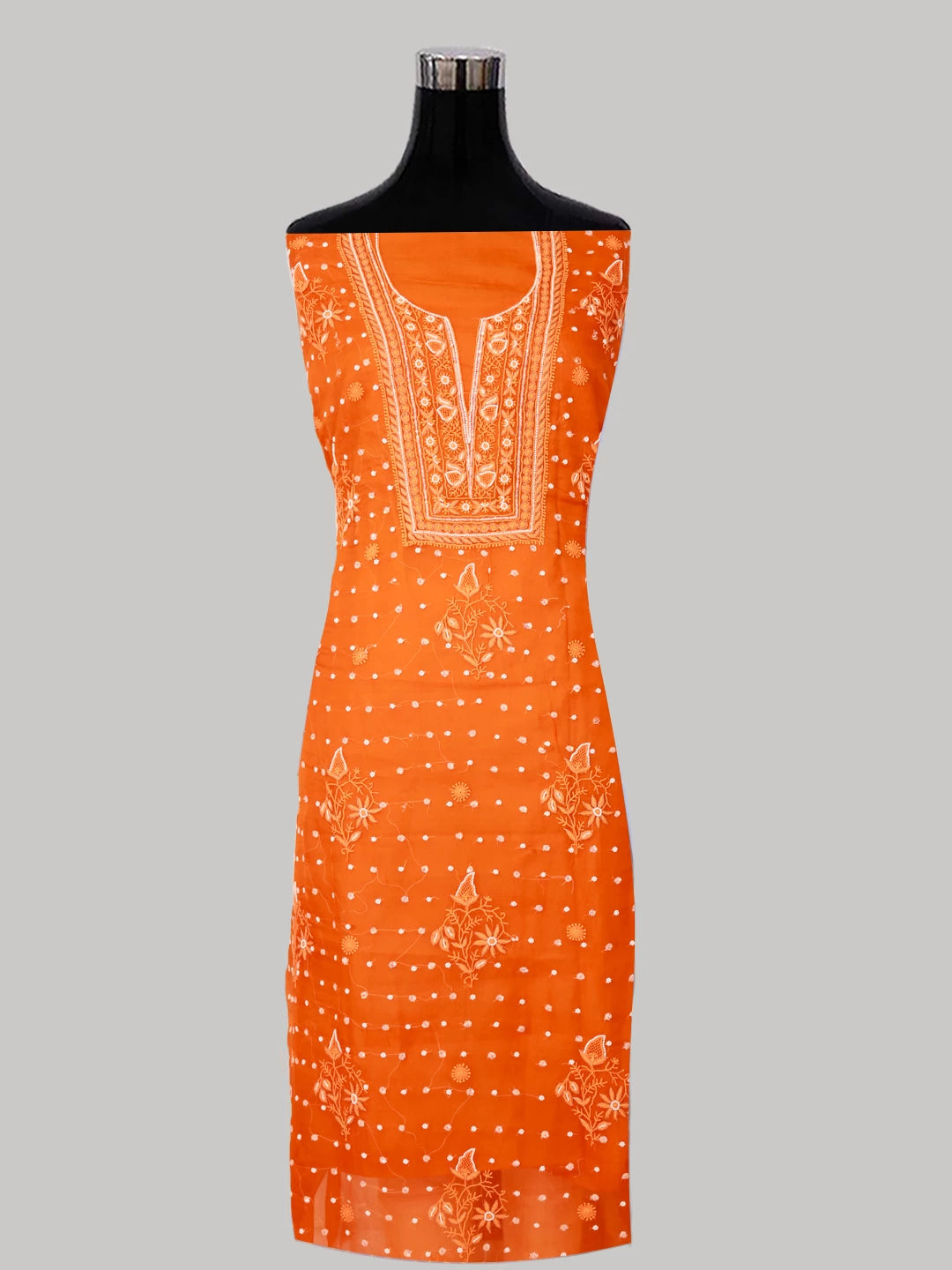 Ada Hand Embroidered Dark Orange Organza Lucknowi Chikankari Unstitched Kurta Dupatta Set With Pearl Work 01A243867