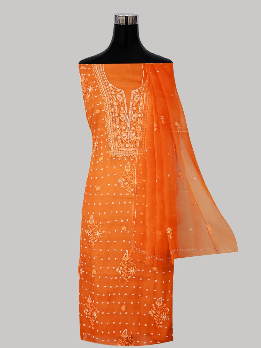 Ada Hand Embroidered Dark Orange Organza Lucknowi Chikankari Unstitched Kurta Dupatta Set With Pearl Work 01A243867