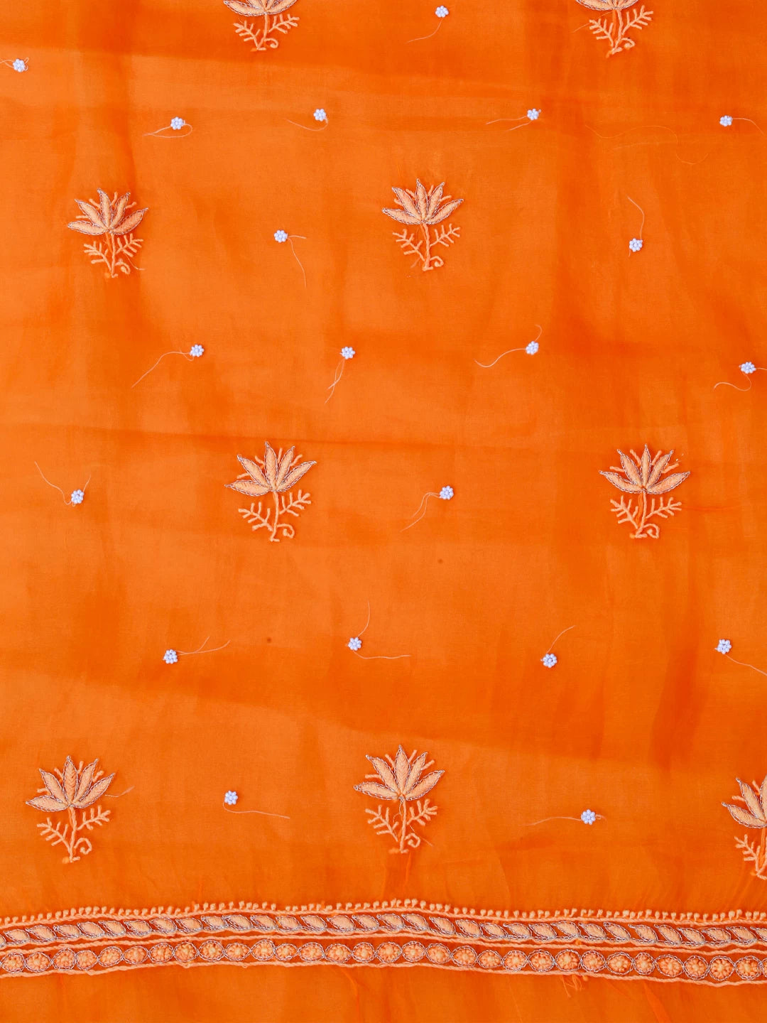 Ada Hand Embroidered Dark Orange Organza Lucknowi Chikankari Unstitched Kurta Dupatta Set With Pearl Work 01A243867