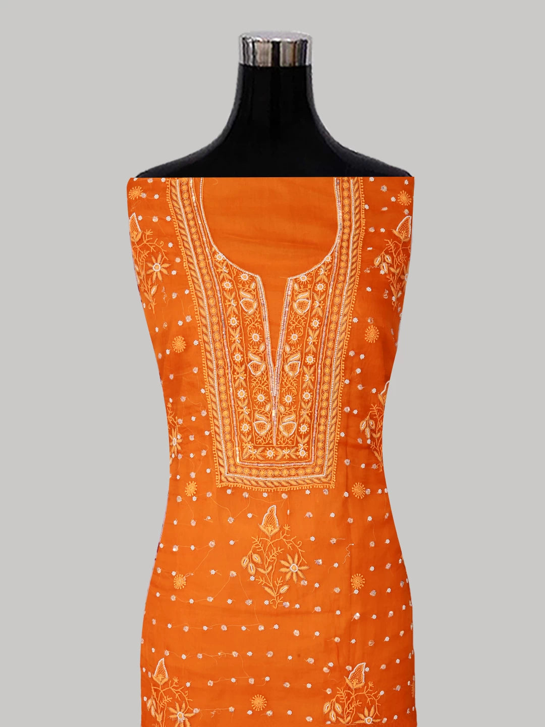Ada Hand Embroidered Dark Orange Organza Lucknowi Chikankari Unstitched Kurta Dupatta Set With Pearl Work 01A243867
