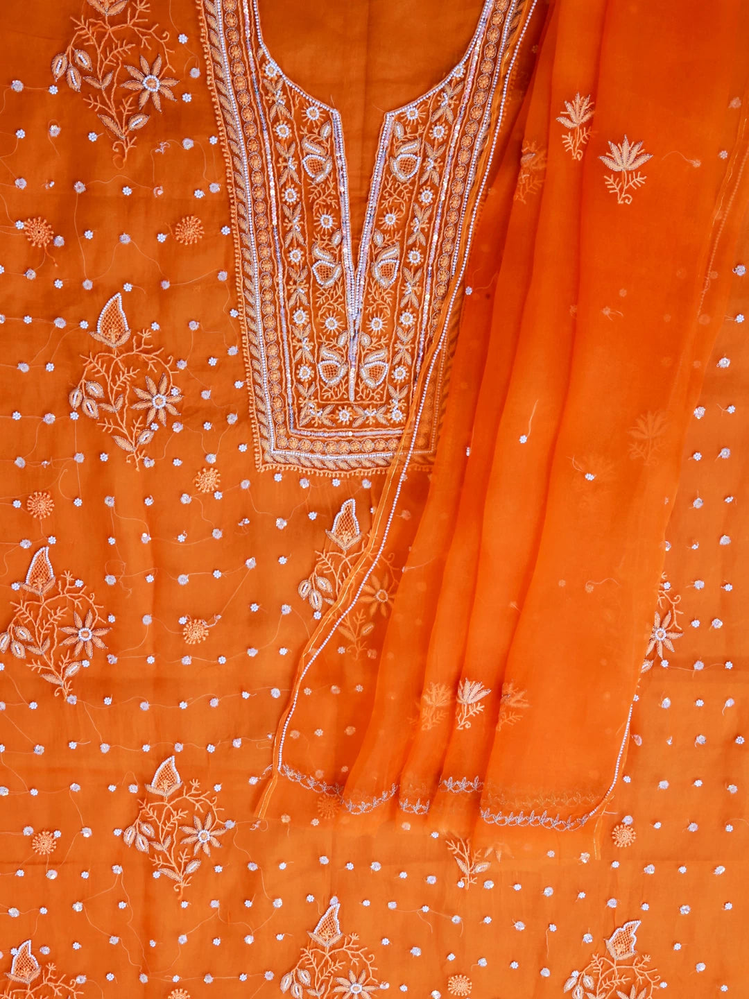 Ada Hand Embroidered Dark Orange Organza Lucknowi Chikankari Unstitched Kurta Dupatta Set With Pearl Work 01A243867