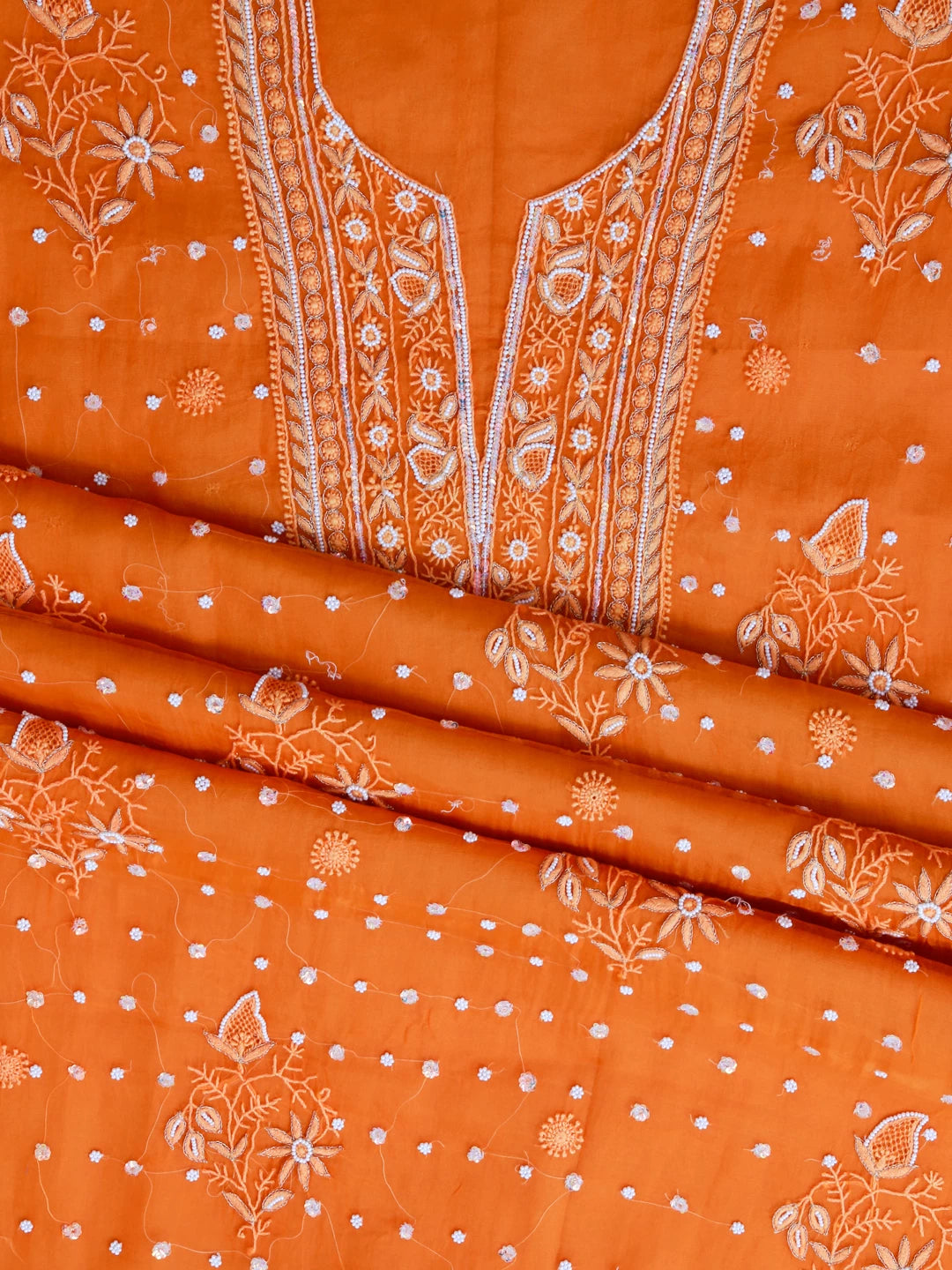 Ada Hand Embroidered Dark Orange Organza Lucknowi Chikankari Unstitched Kurta Dupatta Set With Pearl Work 01A243867