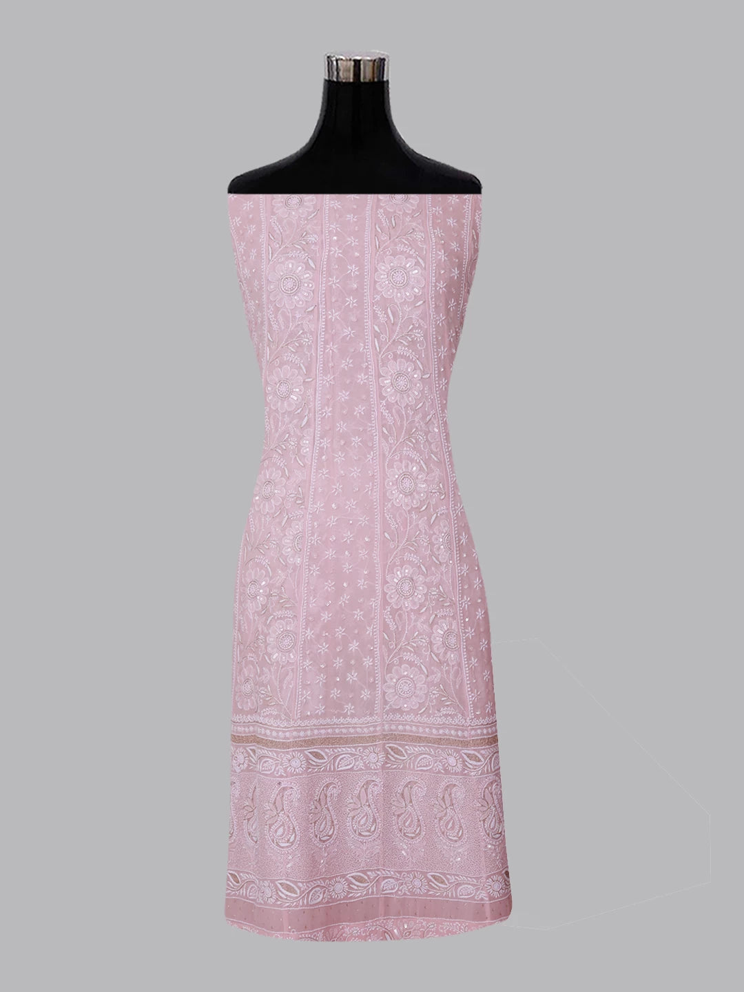 Ada Hand Embroidered Lemonade Pink Pure Georgette Lucknowi Chikankari Semi-Stitched Anarkali Kurta Dupatta Set With Pearl Work 01A260175