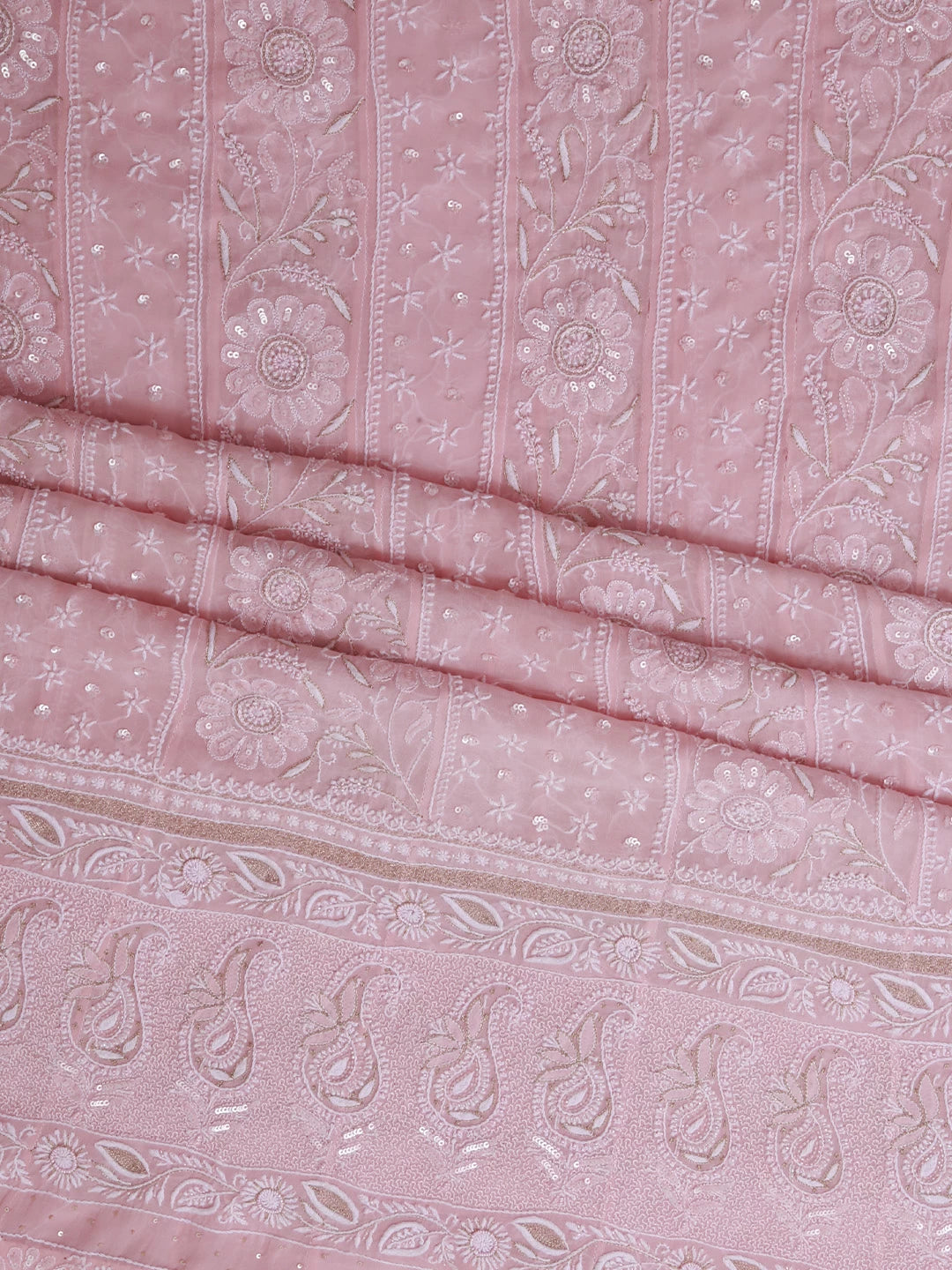 Ada Hand Embroidered Lemonade Pink Pure Georgette Lucknowi Chikankari Semi-Stitched Anarkali Kurta Dupatta Set With Pearl Work 01A260175