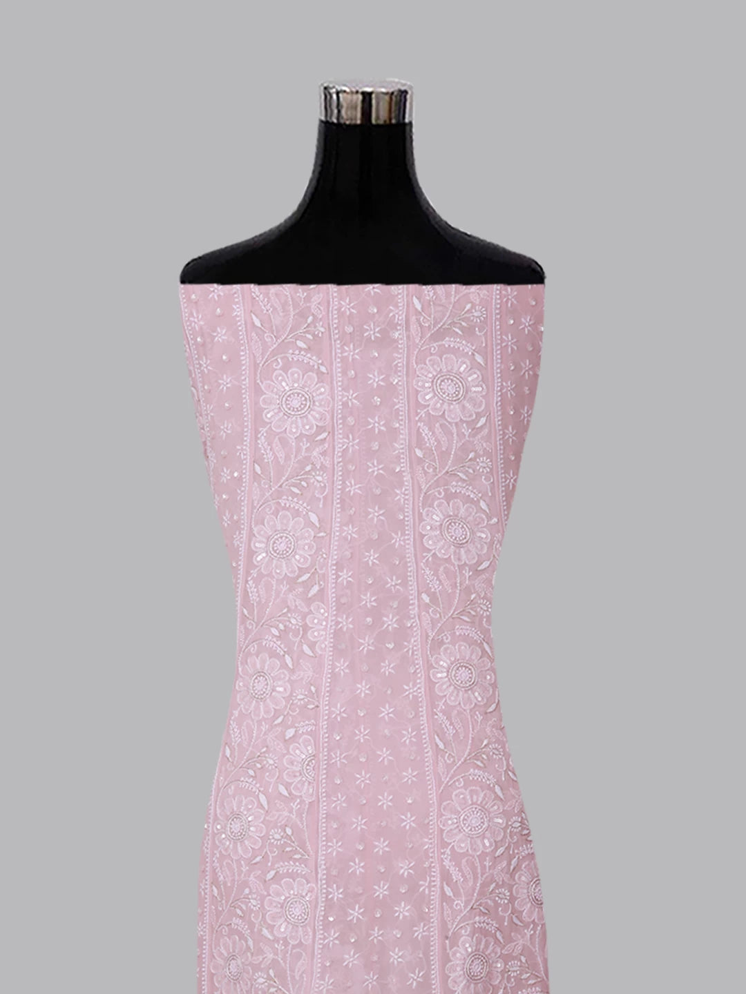 Ada Hand Embroidered Lemonade Pink Pure Georgette Lucknowi Chikankari Semi-Stitched Anarkali Kurta Dupatta Set With Pearl Work 01A260175