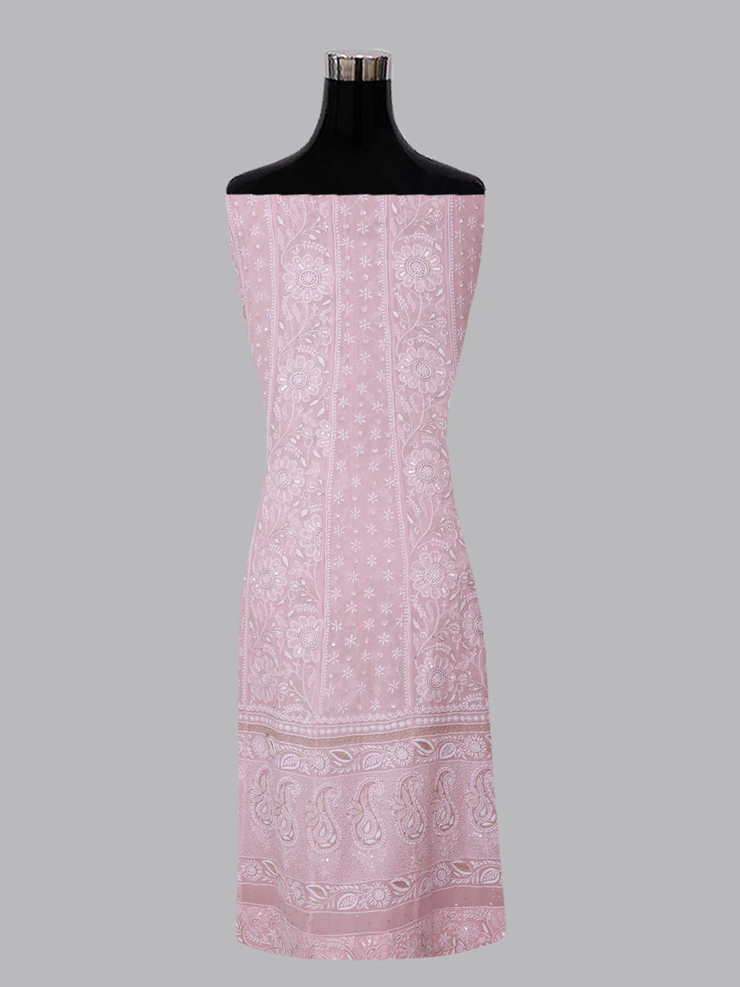 Ada Hand Embroidered Lemonade Pink Pure Georgette Lucknowi Chikankari Semi-Stitched Anarkali Kurta Dupatta Set With Pearl Work 01A260175