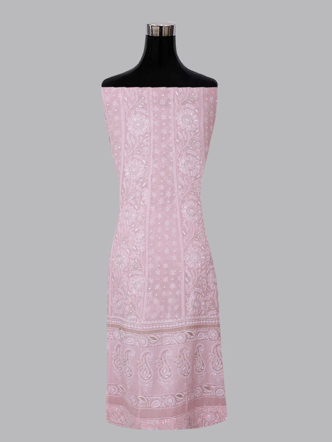 Ada Hand Embroidered Lemonade Pink Pure Georgette Lucknowi Chikankari Semi-Stitched Anarkali Kurta Dupatta Set With Pearl Work 01A260175
