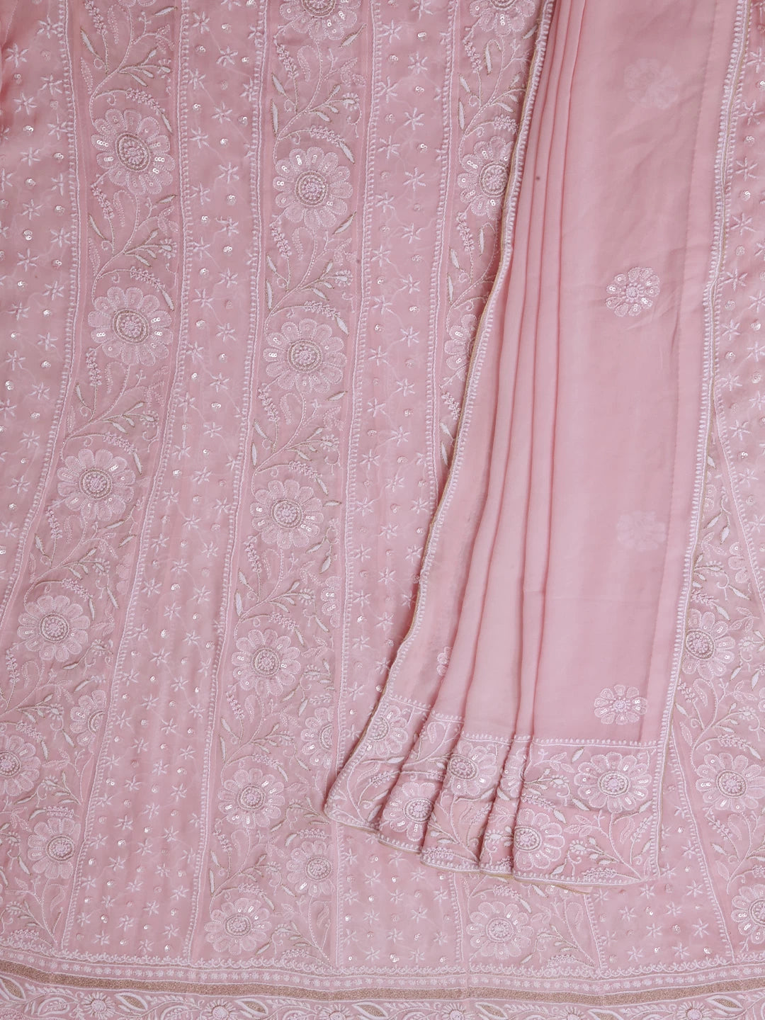 Ada Hand Embroidered Lemonade Pink Pure Georgette Lucknowi Chikankari Semi-Stitched Anarkali Kurta Dupatta Set With Pearl Work 01A260175