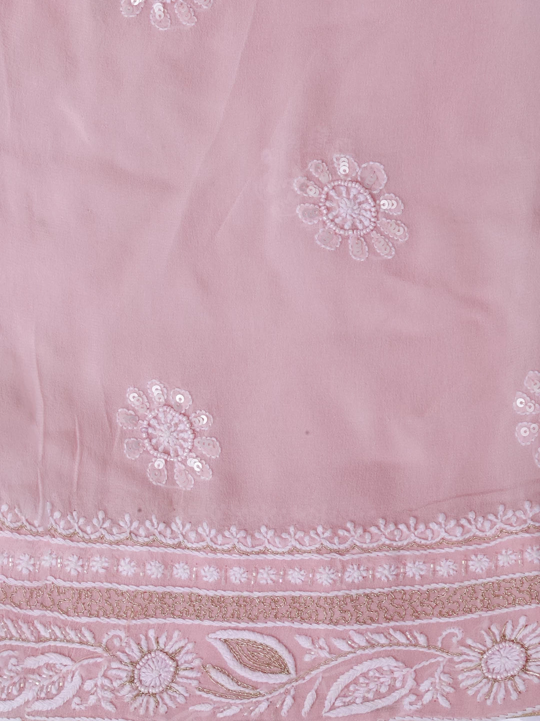Ada Hand Embroidered Lemonade Pink Pure Georgette Lucknowi Chikankari Semi-Stitched Anarkali Kurta Dupatta Set With Pearl Work 01A260175