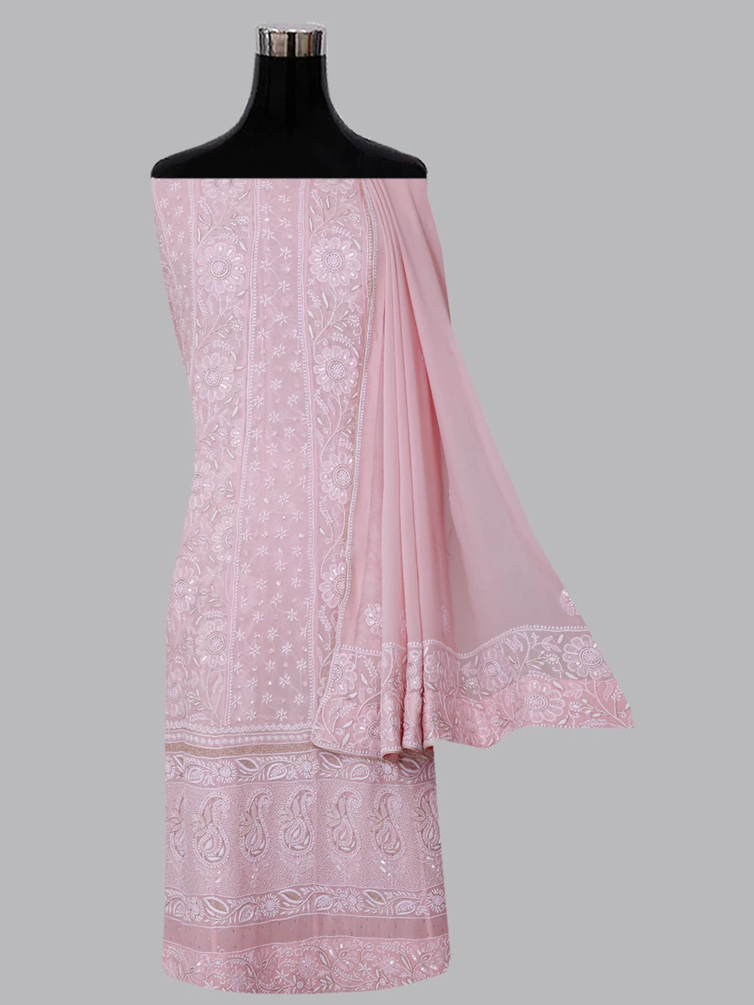 Ada Hand Embroidered Lemonade Pink Pure Georgette Lucknowi Chikankari Semi-Stitched Anarkali Kurta Dupatta Set With Pearl Work 01A260175