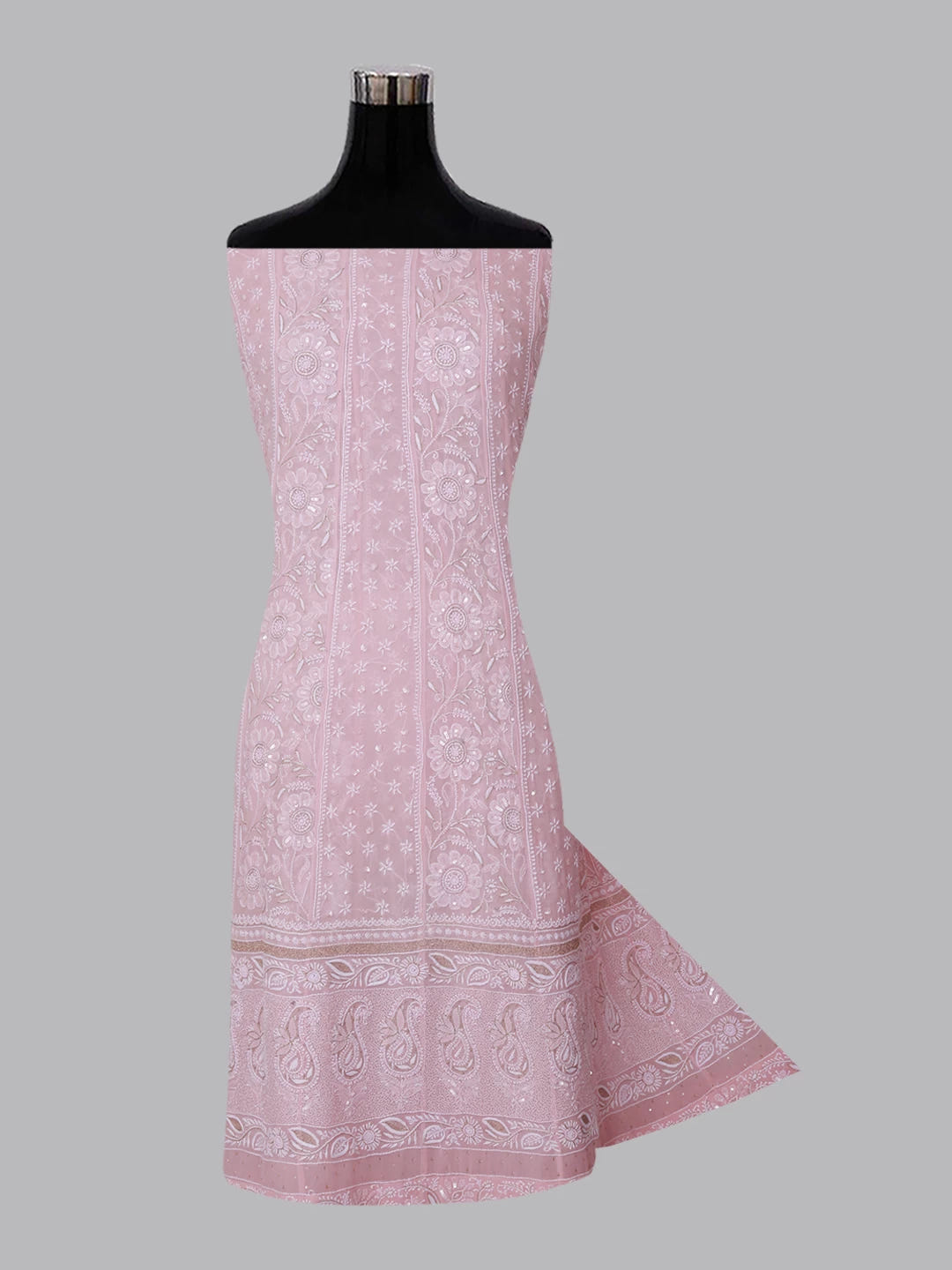 Ada Hand Embroidered Lemonade Pink Pure Georgette Lucknowi Chikankari Semi-Stitched Anarkali Kurta Dupatta Set With Pearl Work 01A260175