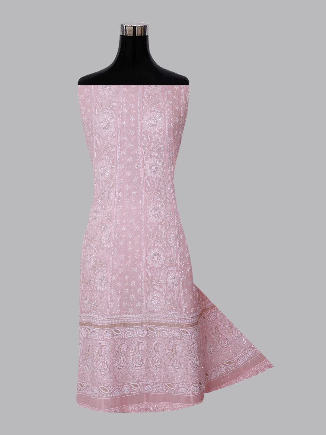 Ada Hand Embroidered Lemonade Pink Pure Georgette Lucknowi Chikankari Semi-Stitched Anarkali Kurta Dupatta Set With Pearl Work 01A260175