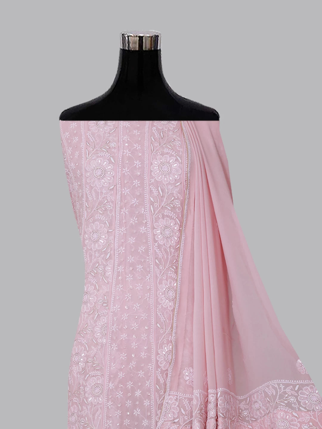 Ada Hand Embroidered Lemonade Pink Pure Georgette Lucknowi Chikankari Semi-Stitched Anarkali Kurta Dupatta Set With Pearl Work 01A260175