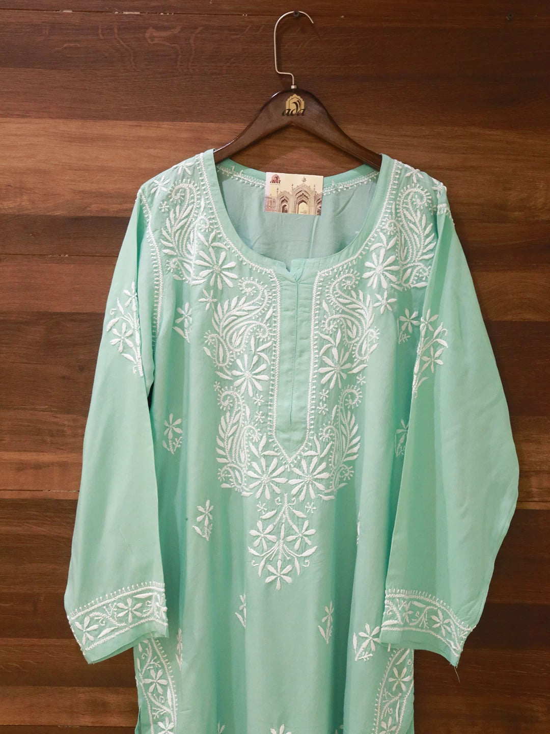 Ada Hand Embroidered Sea Green Modal Lucknowi Chikankari Straight Kurta A411496