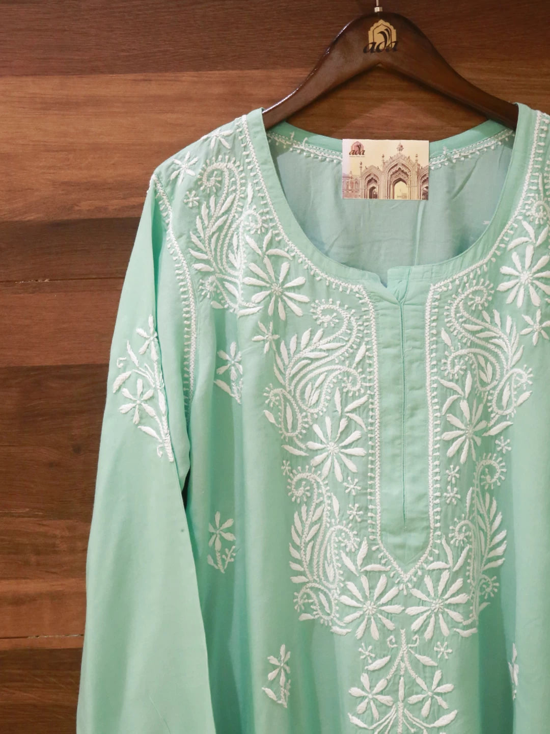 Ada Hand Embroidered Sea Green Modal Lucknowi Chikankari Straight Kurta A411496