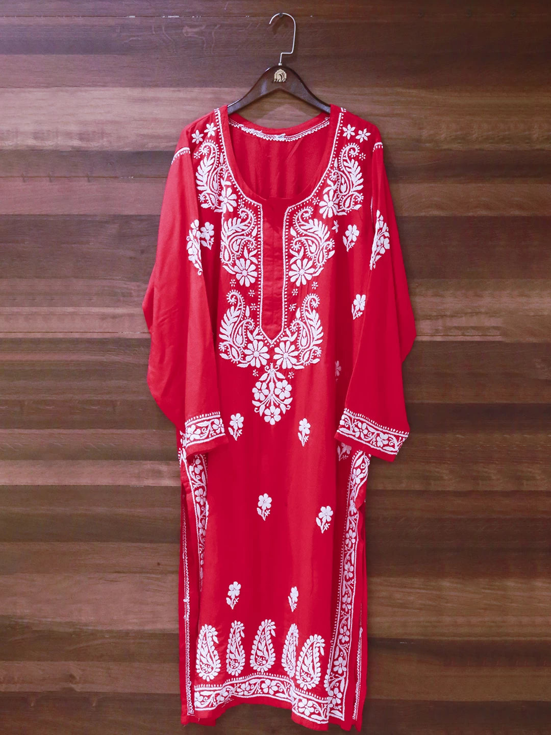 Ada Hand Embroidered Red Modal Lucknowi Chikankari Straight Kurta A411504