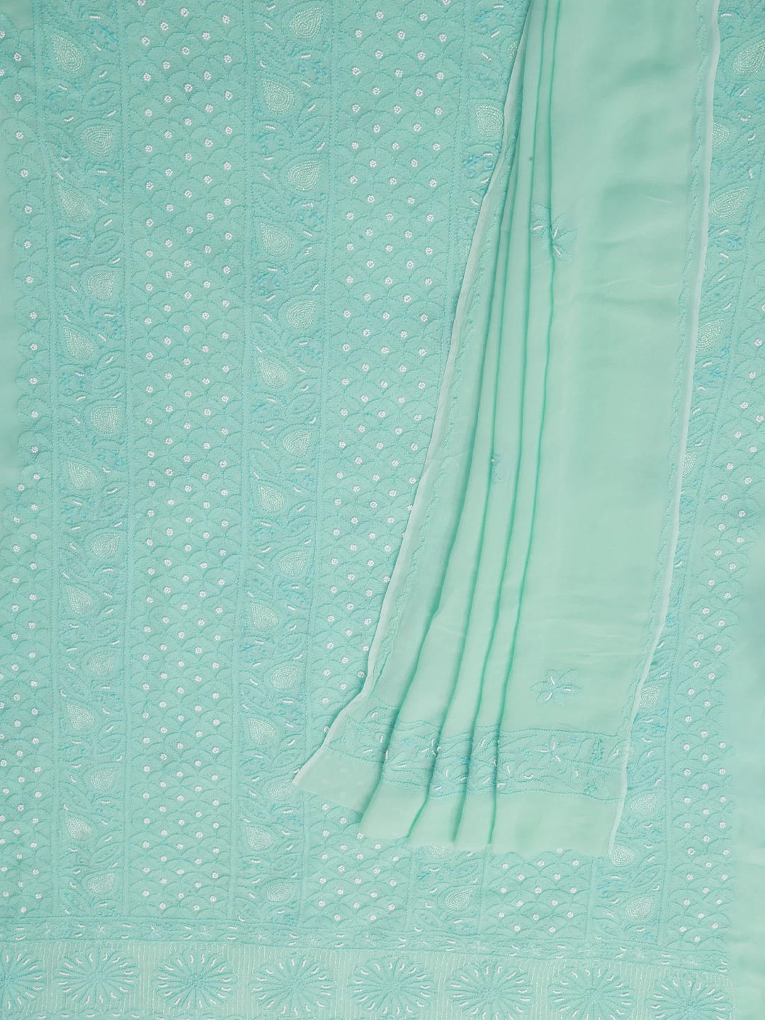 Ada Hand Embroidered Turquoise Green Viscose Georgette Lucknowi Chikankari Unstitched Kurta Dupatta Set With Pearl Work 01A257762