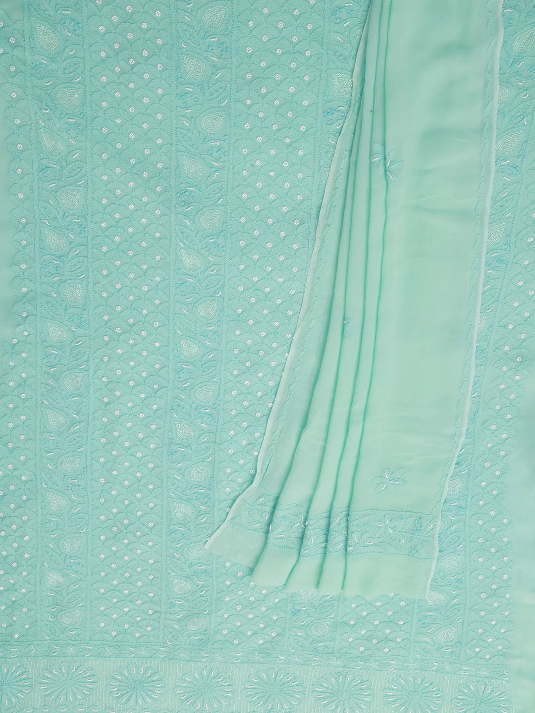 Ada Hand Embroidered Turquoise Green Viscose Georgette Lucknowi Chikankari Unstitched Kurta Dupatta Set With Pearl Work 01A257762