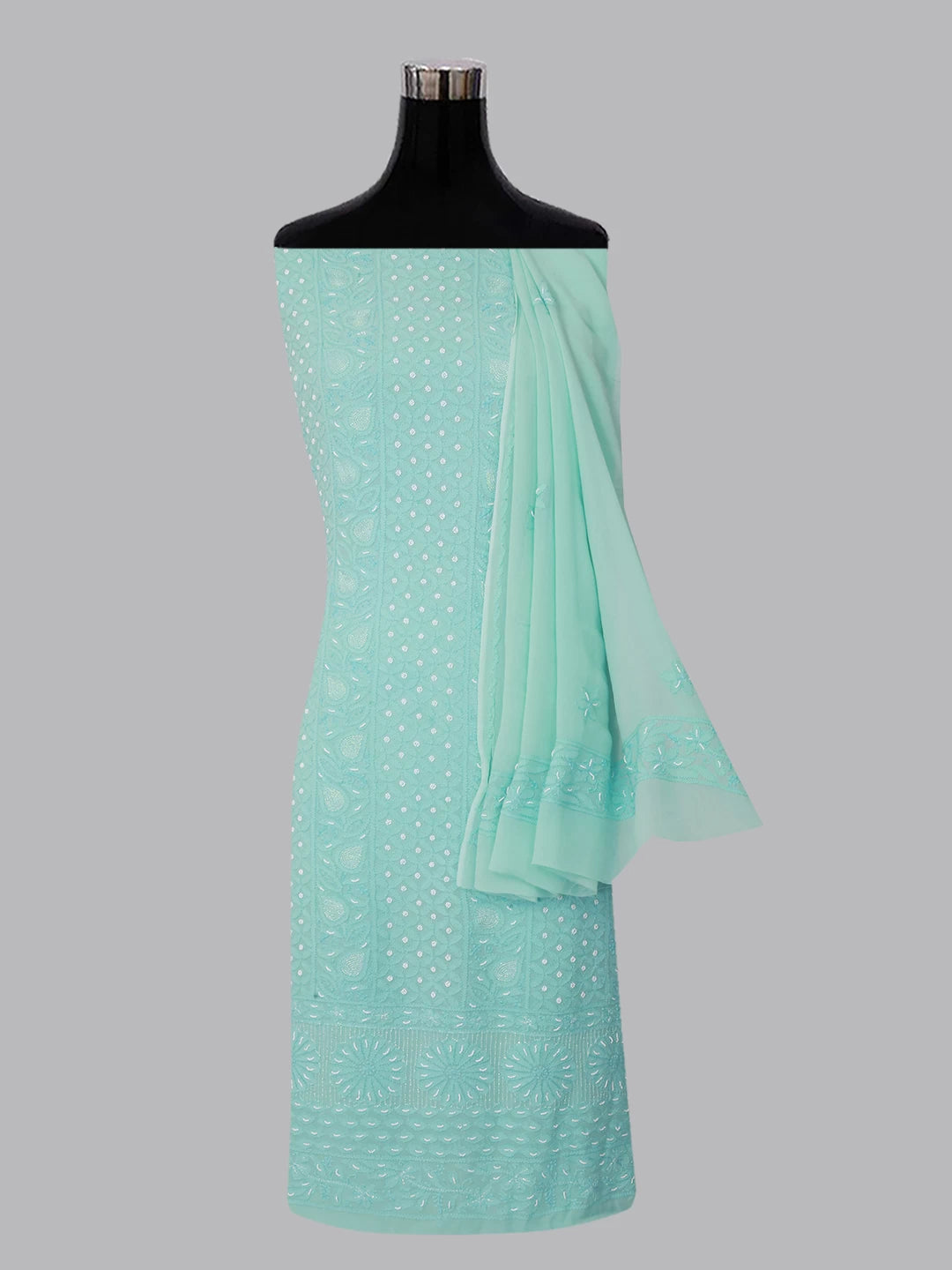 Ada Hand Embroidered Turquoise Green Viscose Georgette Lucknowi Chikankari Unstitched Kurta Dupatta Set With Pearl Work 01A257762