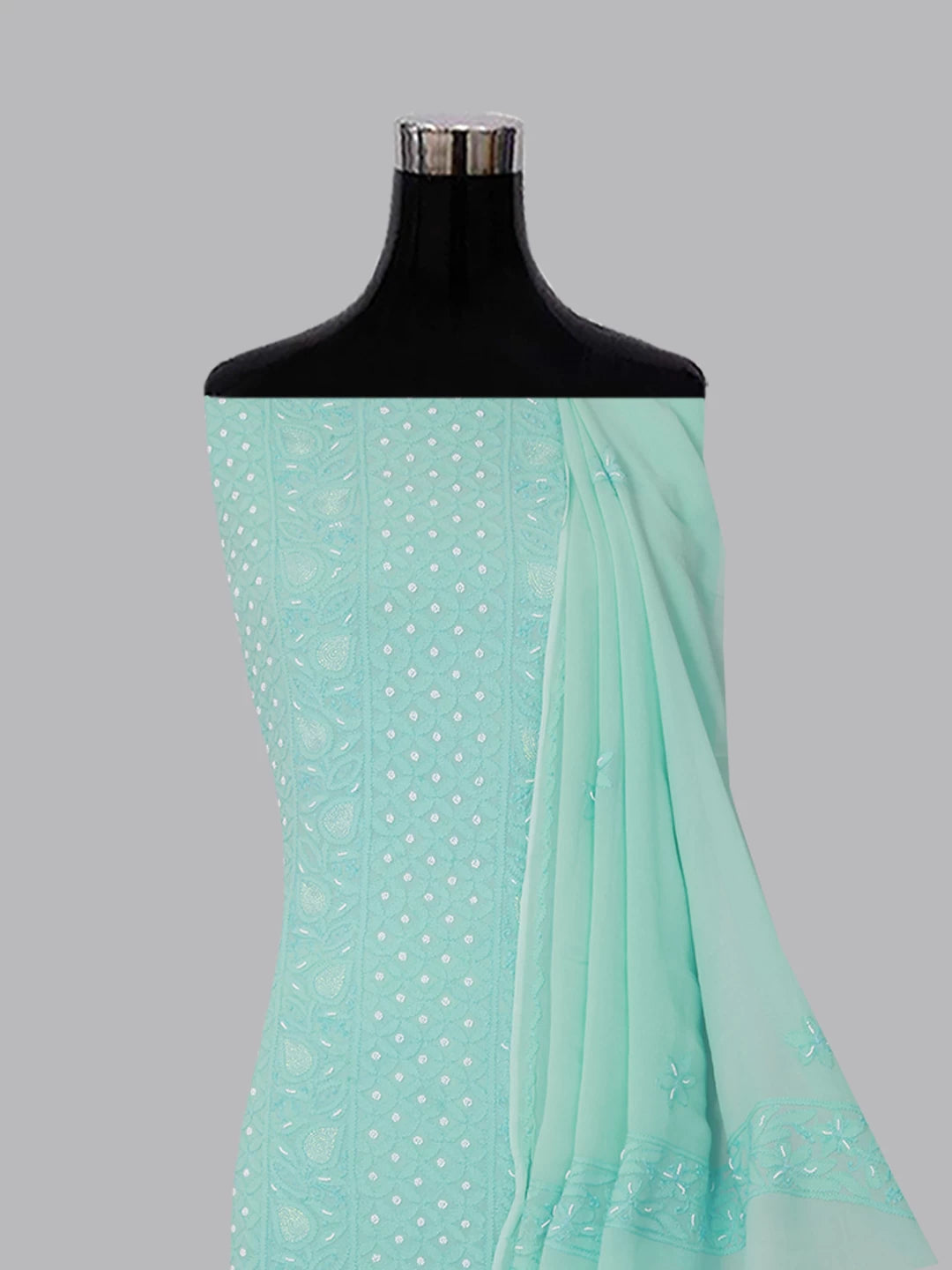 Ada Hand Embroidered Turquoise Green Viscose Georgette Lucknowi Chikankari Unstitched Kurta Dupatta Set With Pearl Work 01A257762